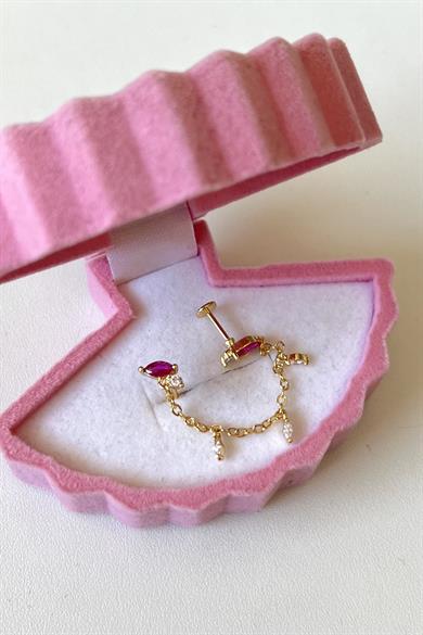 Pembe Taşlı Zincirli İkili Piercing | Cerrahi Çelik