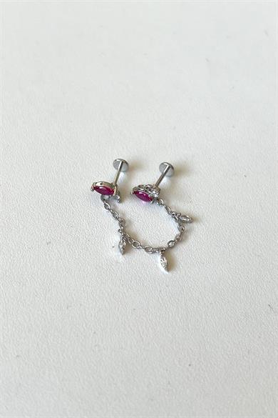 Pembe Taşlı Zincirli İkili Piercing | Cerrahi Çelik