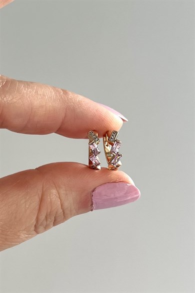 Pembe Zikzak Taşlı Mini Halka Küpe Çifti | Çelik