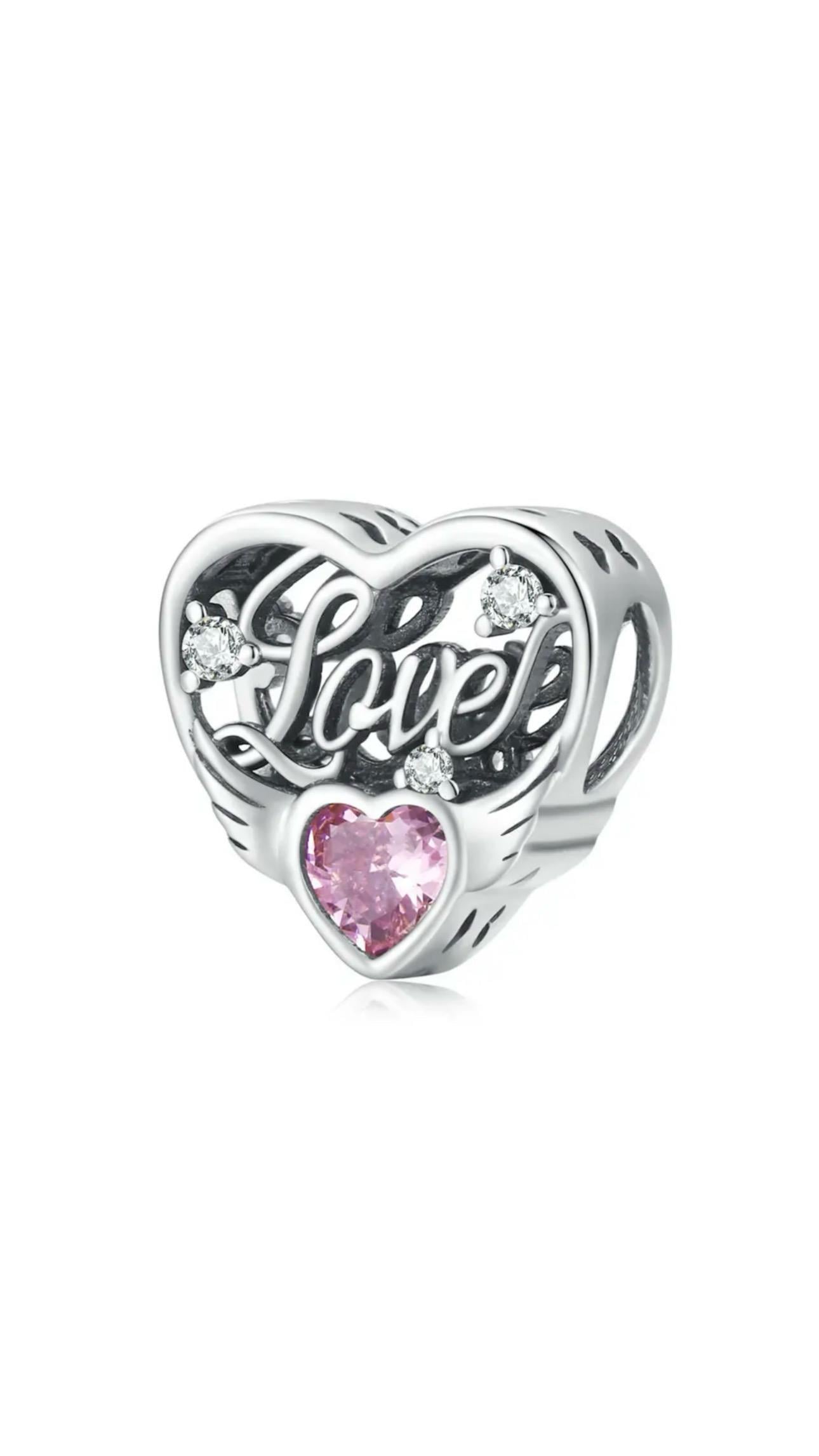 Love Pembe Taşlı Kanat Charm 925 Ayar Gümüş