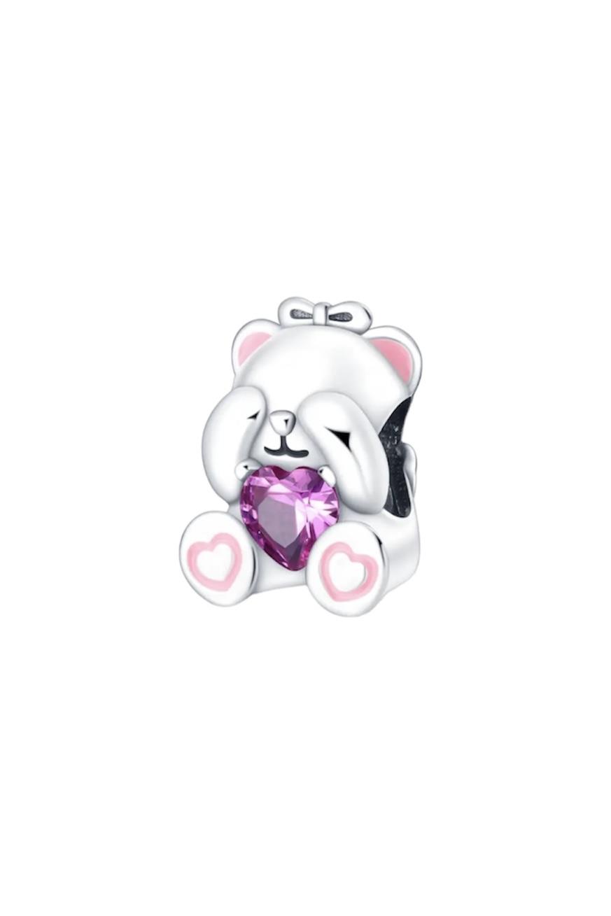 Pembe Taşlı Ayıcık Charm 925 Ayar Gümüş