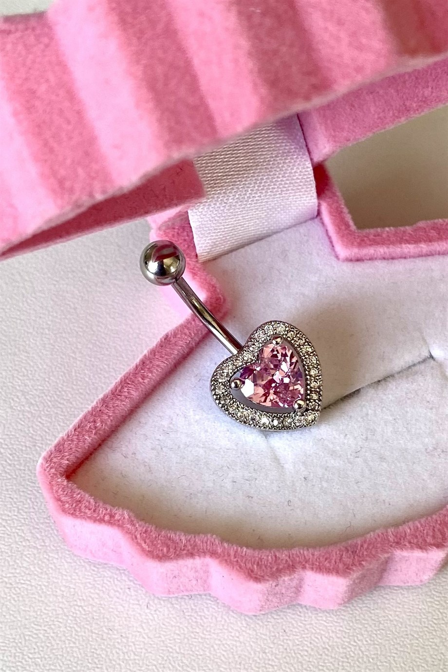 Pembe Taşlı Kalp Göbek Piercing | Cerrahi Çelik