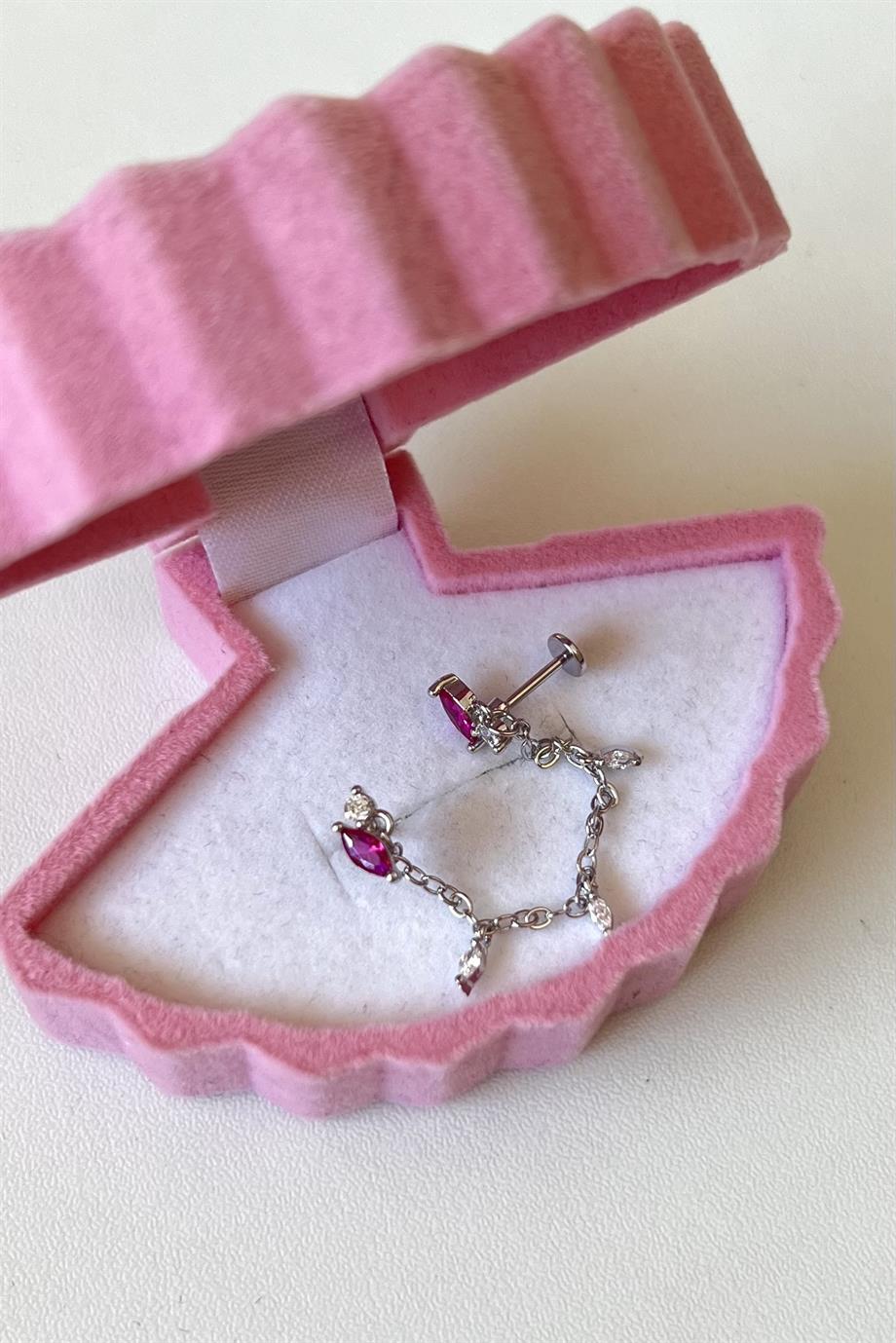 Pembe Taşlı Zincirli İkili Piercing | Cerrahi Çelik