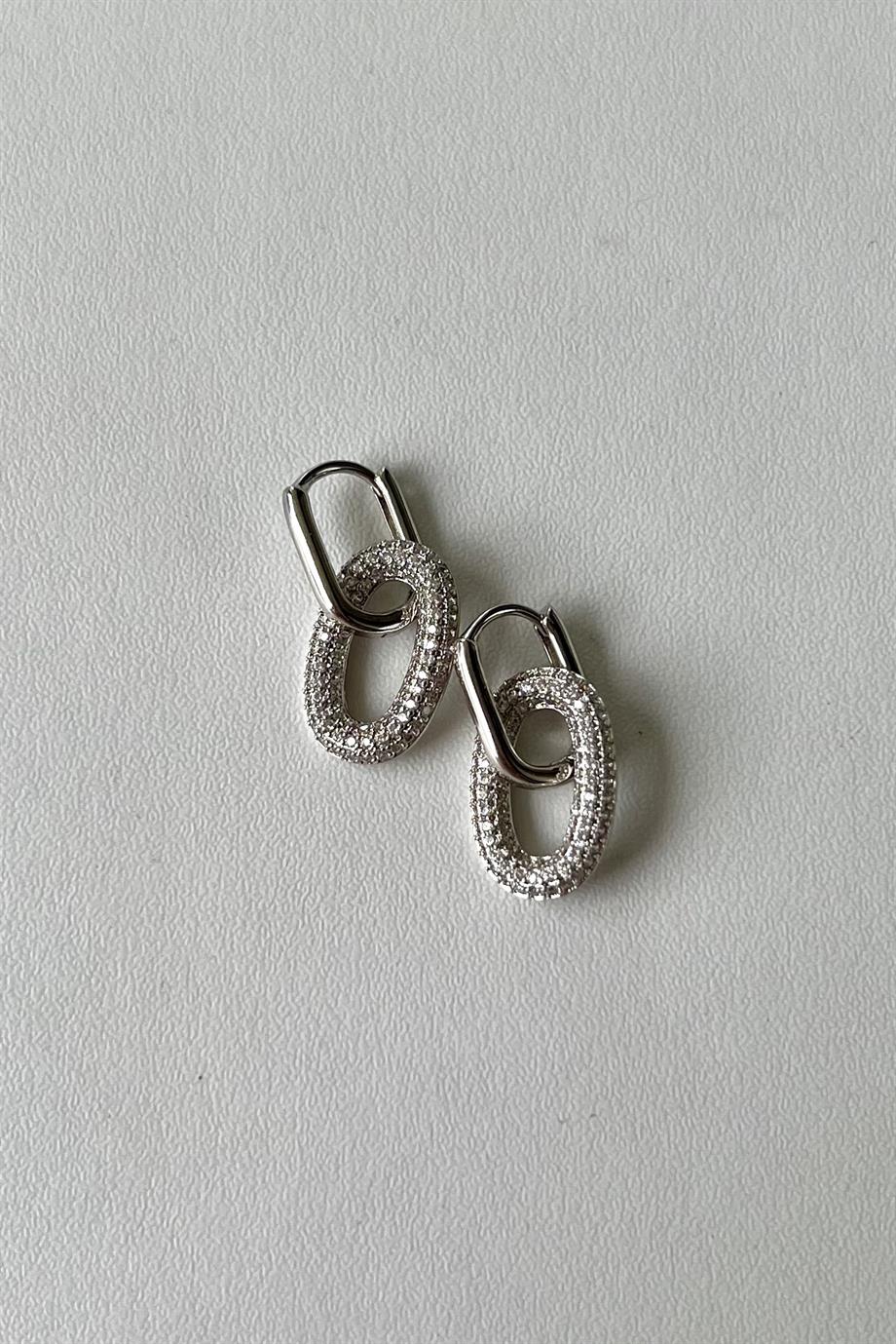 Taşlı Halka Charm Oval Küpe Çifti | Çelik