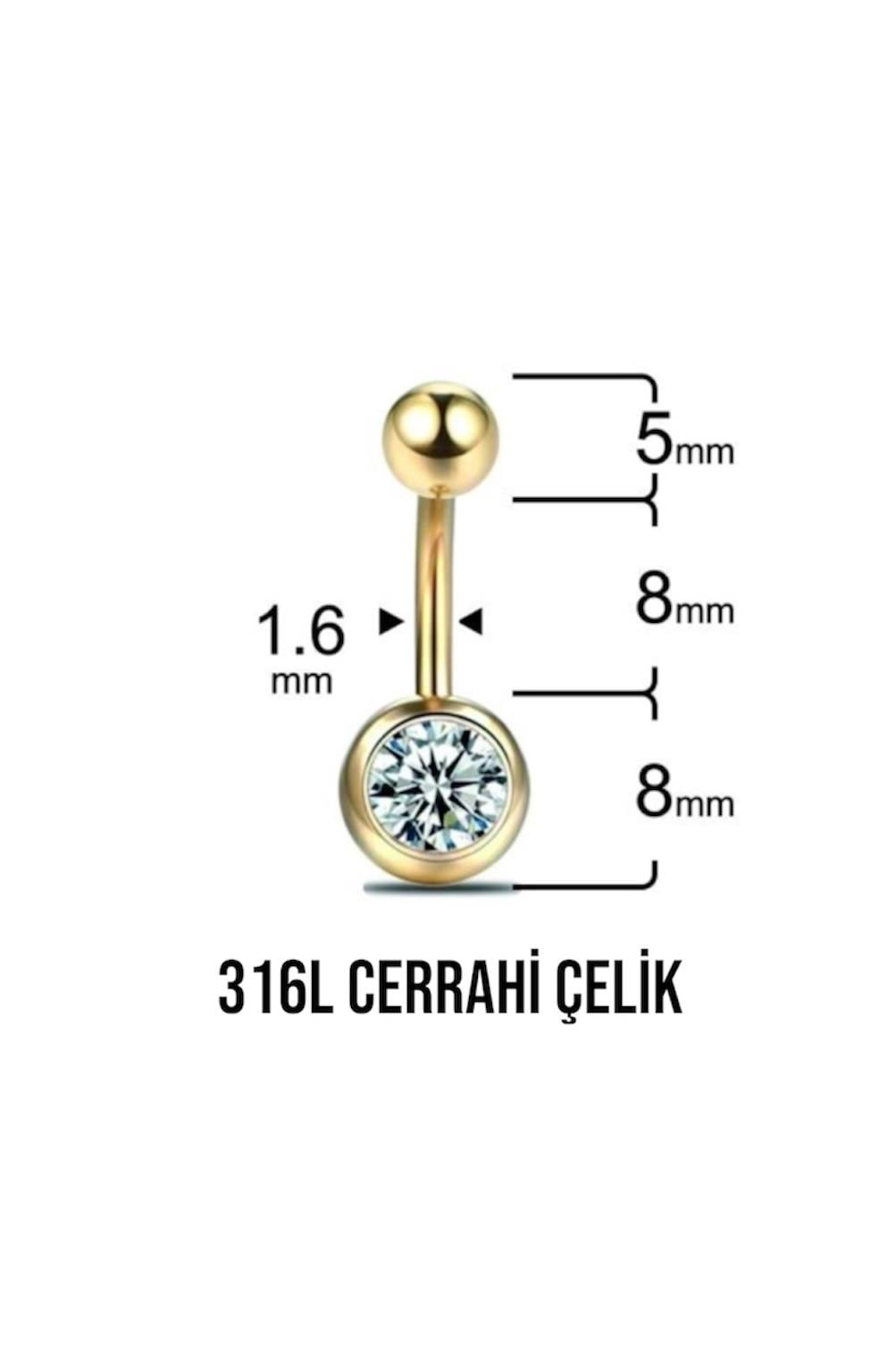 Tek Taş Altın Göbek Piercing 8 MM Cerrahi Çelik