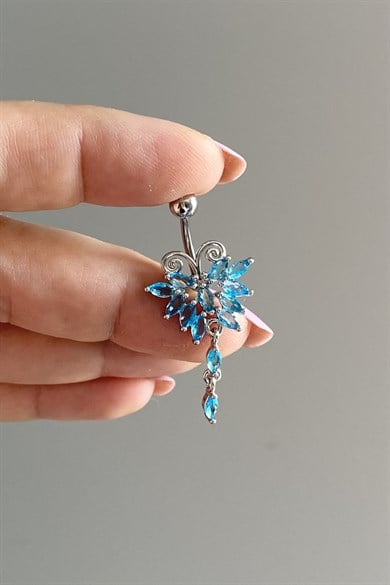 Mavi Sallantılı Kelebek Göbek Piercing | Cerrahi Çelik