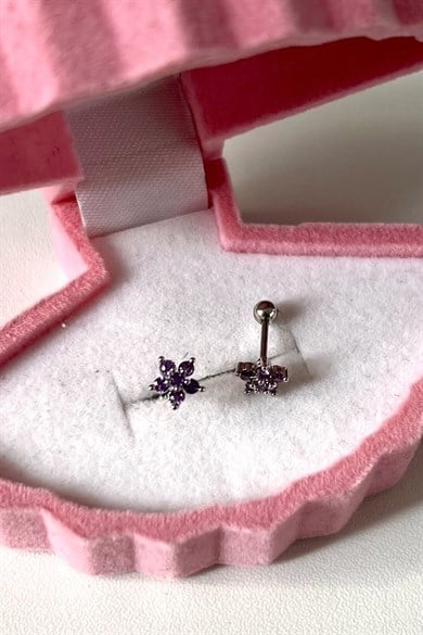 Mor Taşlı Çiçek Piercing | Cerrahi Çelik