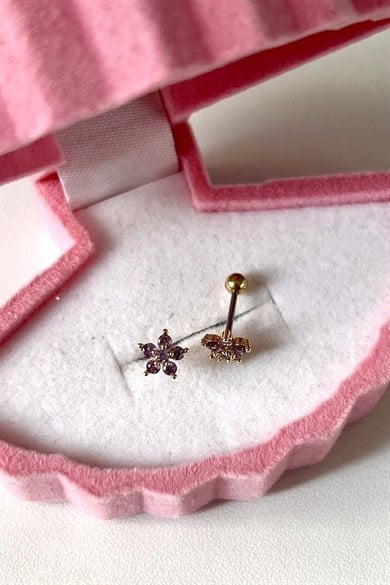 Mor Taşlı Çiçek Piercing | Cerrahi Çelik