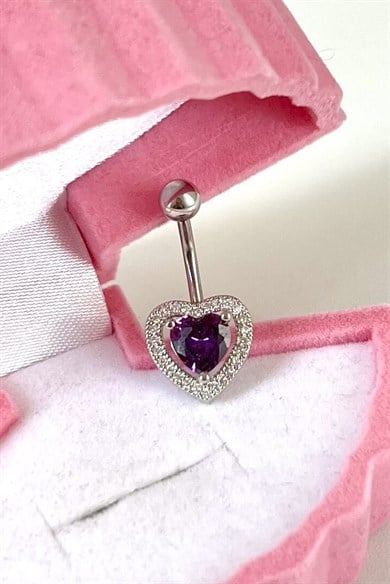 Mor Taşlı Kalp Göbek Piercing | Cerrahi Çelik