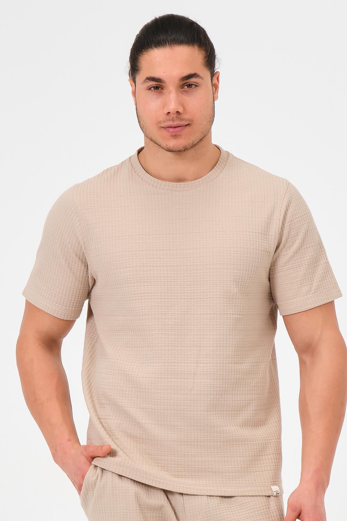 Erkek Bej %100 Pamuk Oversize Bisiklet Yaka Basic Tişört 