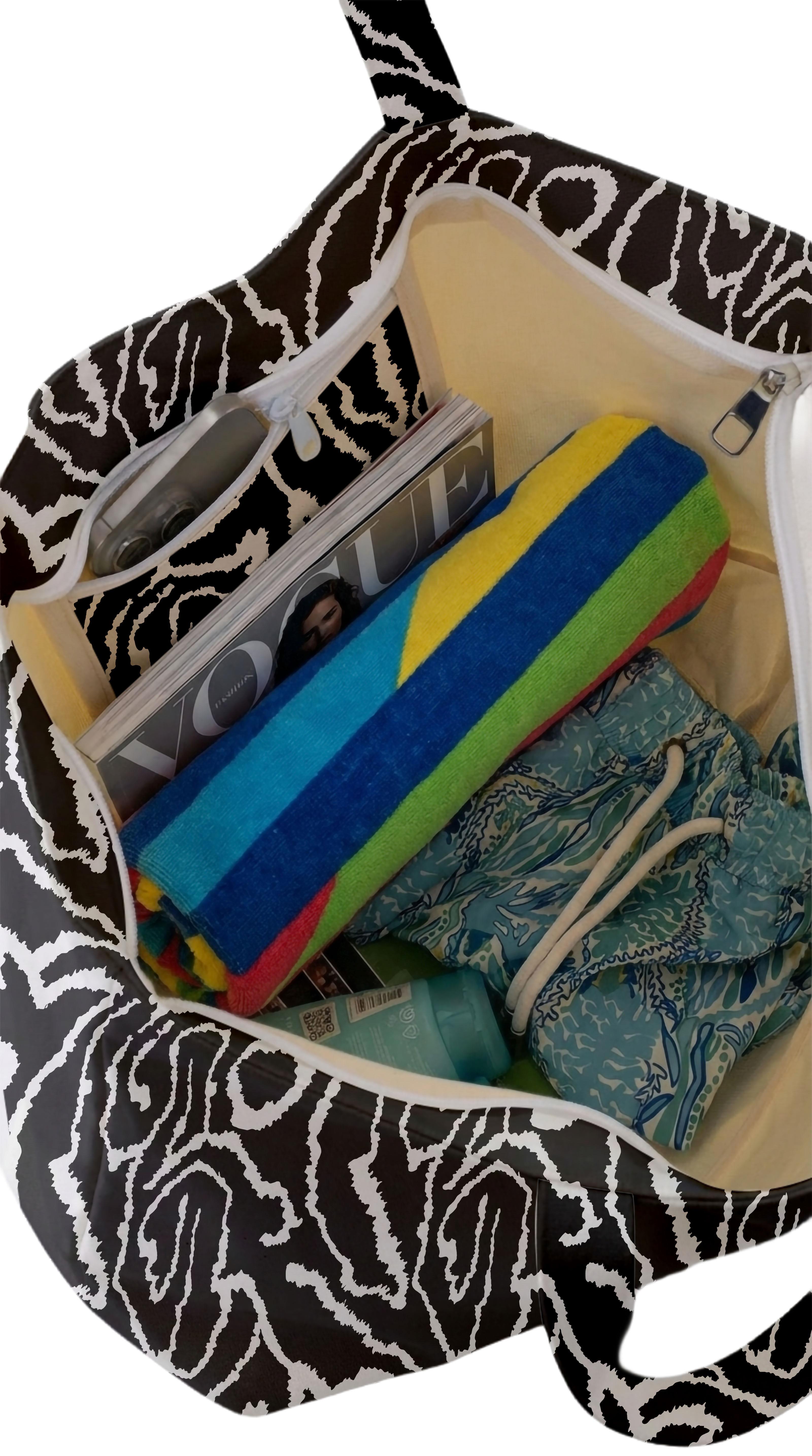 Soyut Desenli Siyah Beyaz Parçalı Kendinden Saplı Astarlı Kadın Plaj Çantası 