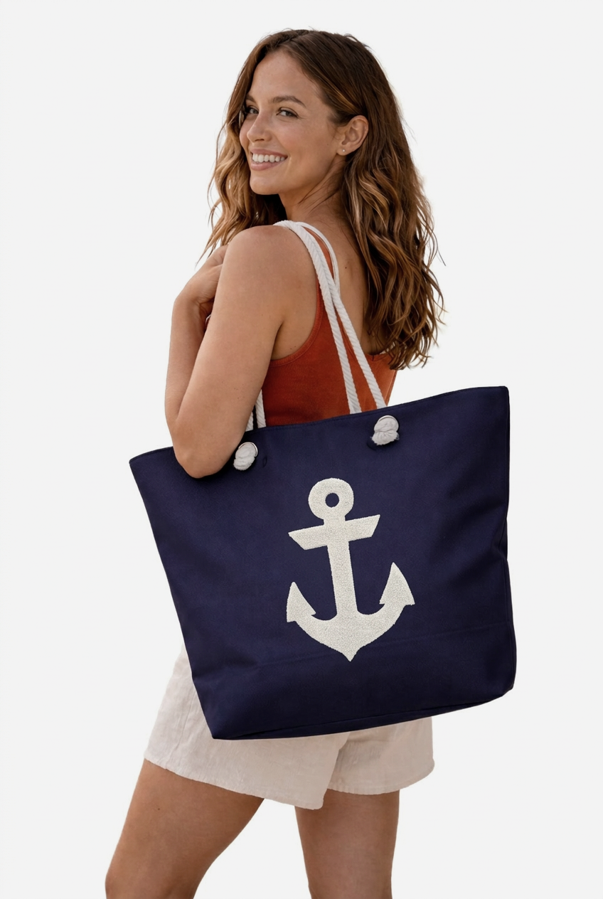 Marin Çapa Nakışlı Lacivert Astralı Geniş Hacimli Kadın Plaj Çantası 