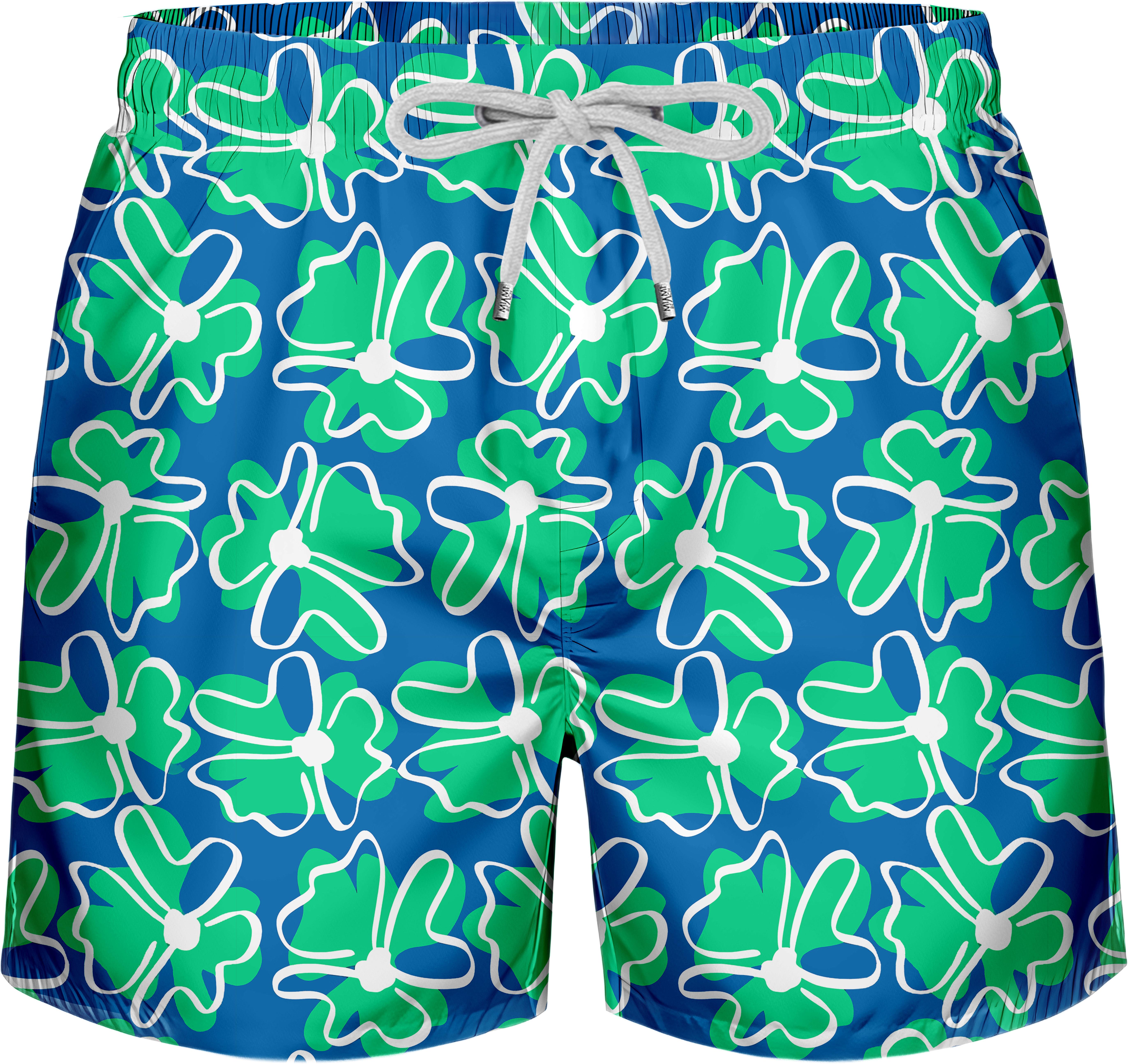 Çiçek Desenli Mavi Yeşil Hızlı Kuruyan Esnek Kumaş Üç Cepli Yumuşak Astarlı Standart Boy Erkek Mayo Deniz Şortu 