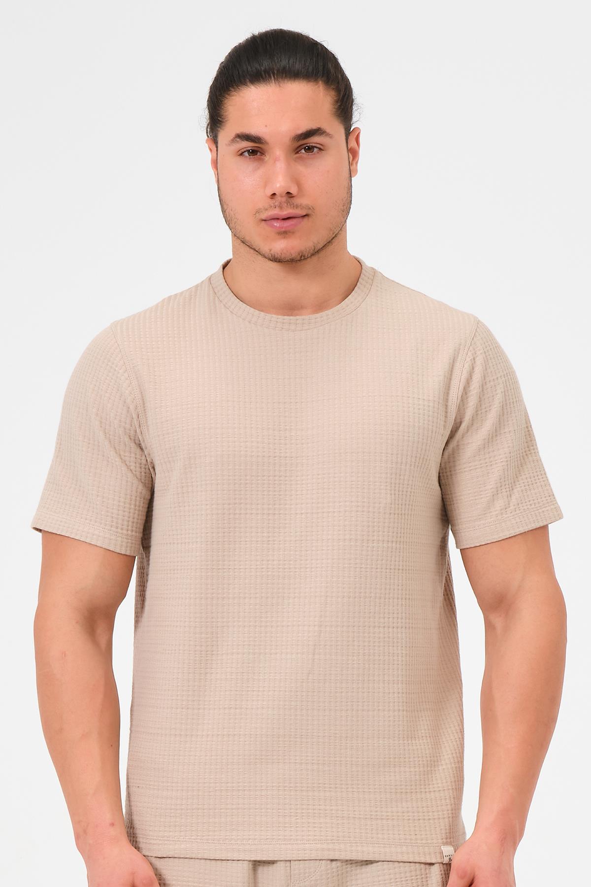 Erkek Bej %100 Pamuk Oversize Bisiklet Yaka Basic Tişört 