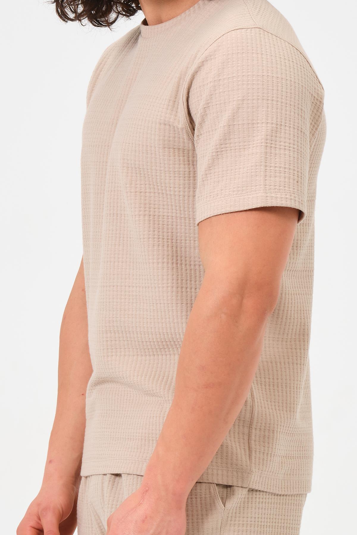 Erkek Bej %100 Pamuk Oversize Bisiklet Yaka Basic Tişört 