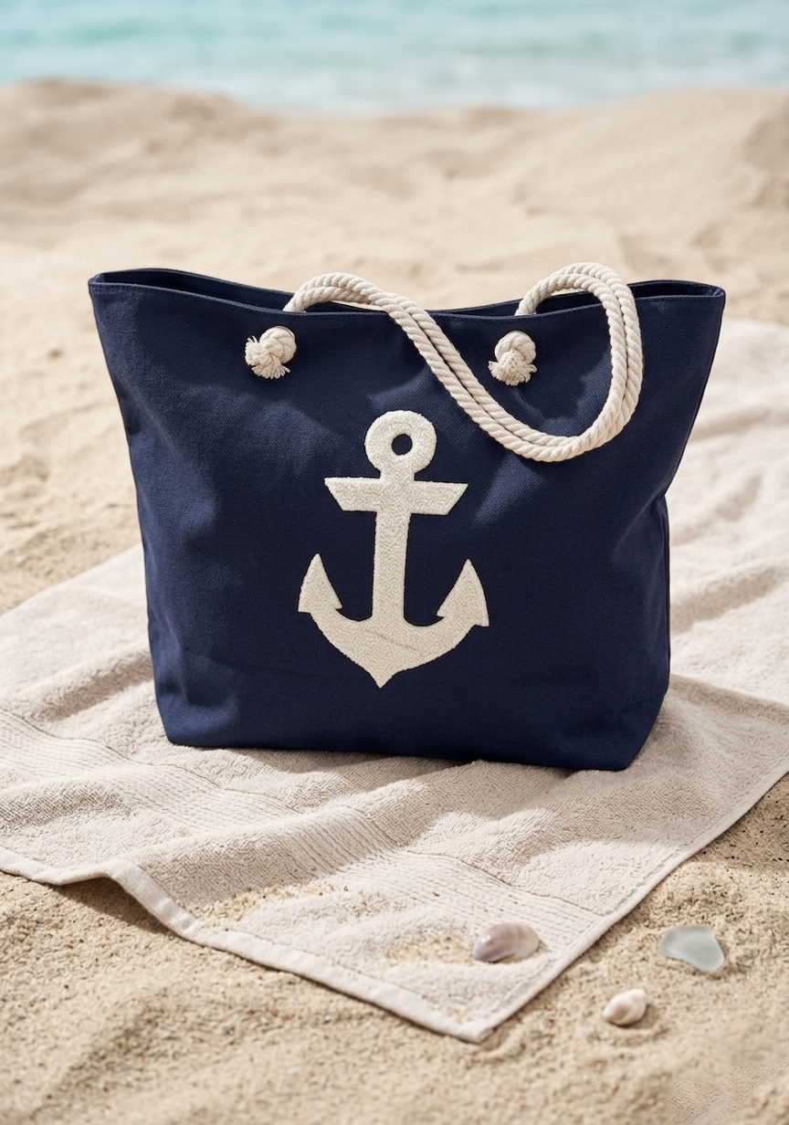 Marin Çapa Nakışlı Lacivert Astralı Geniş Hacimli Kadın Plaj Çantası 