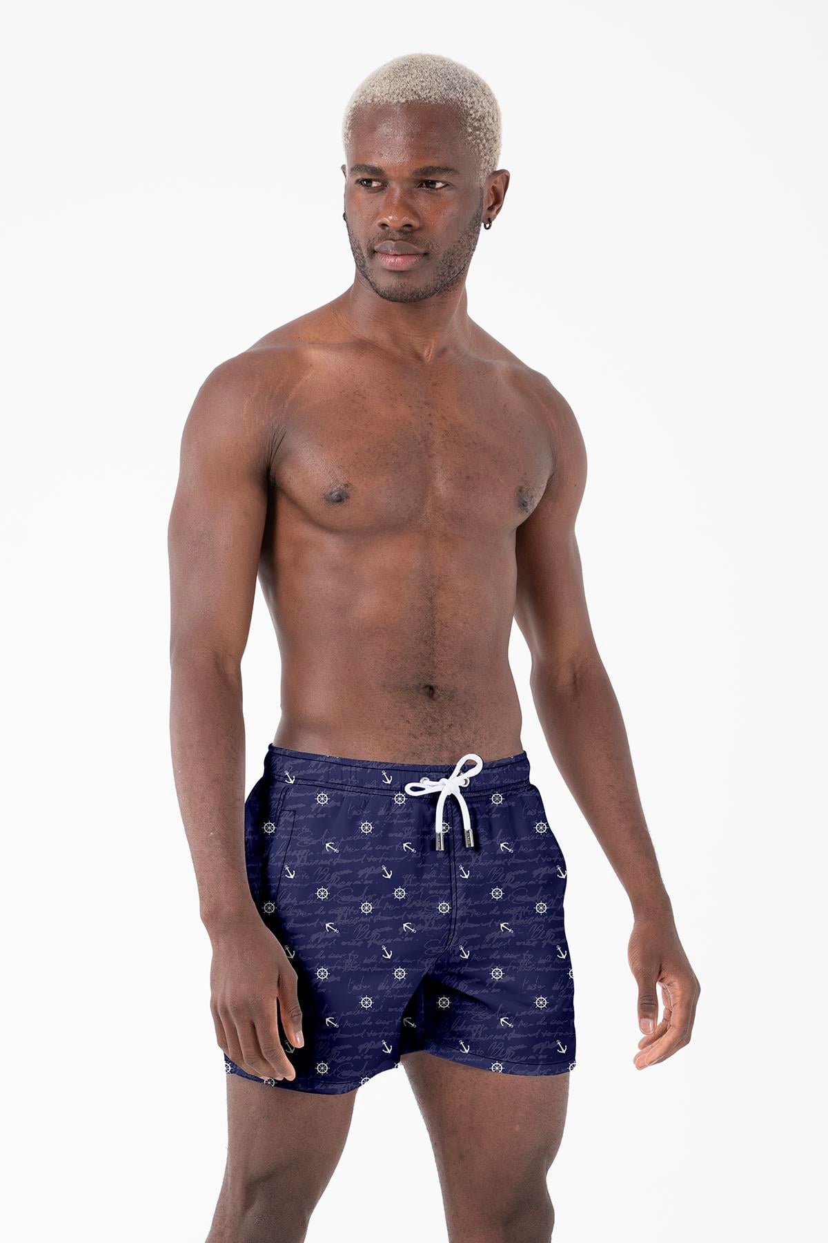 Marin Çapa Desenli Lacivert Standart Boy Erkek Mayo Deniz ve Havuz Şortu