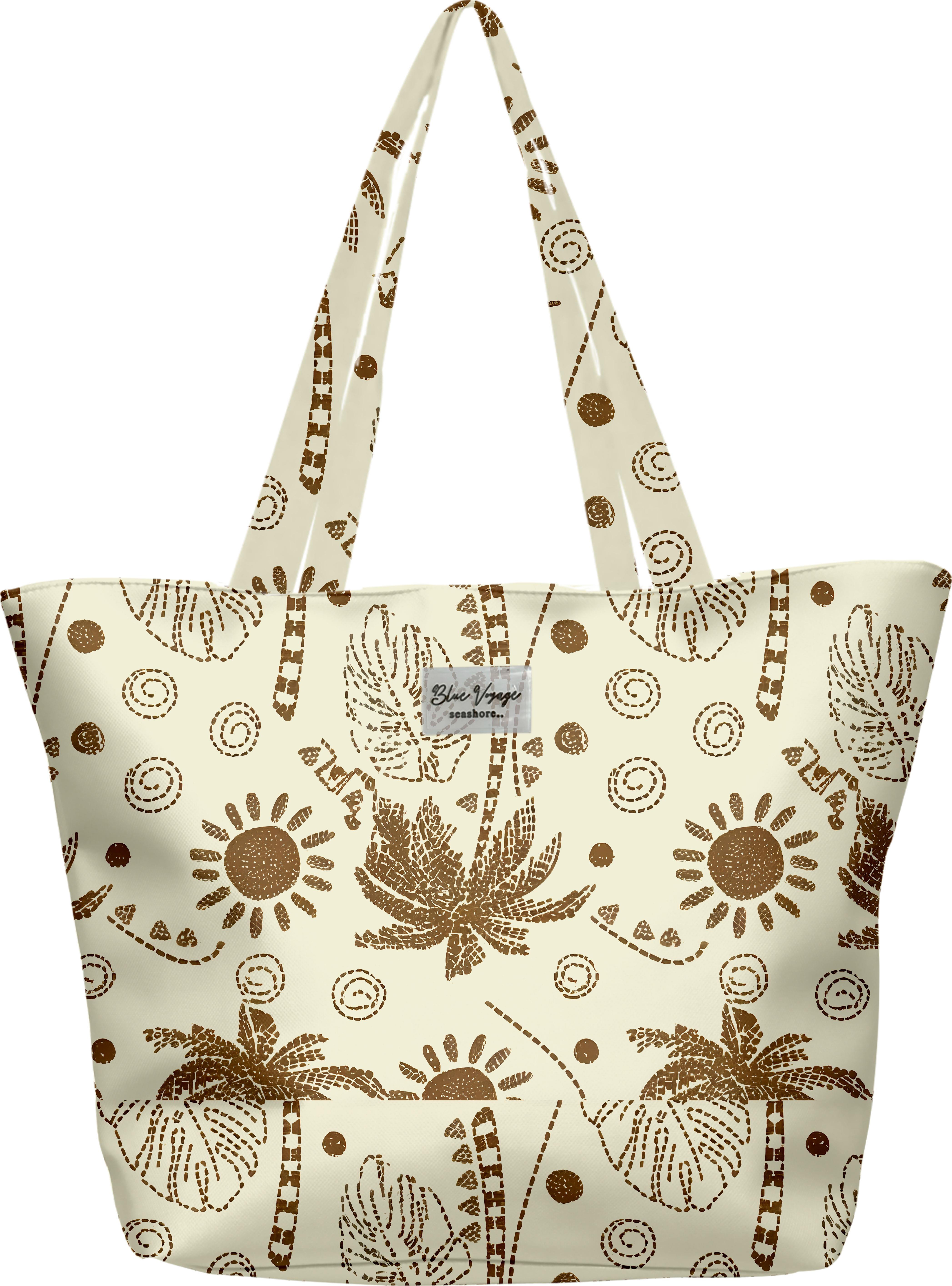 Palmiye Desenli Krem Rengi Parçalı Kendinden Saplı Astarlı Kadın Plaj Çantası 