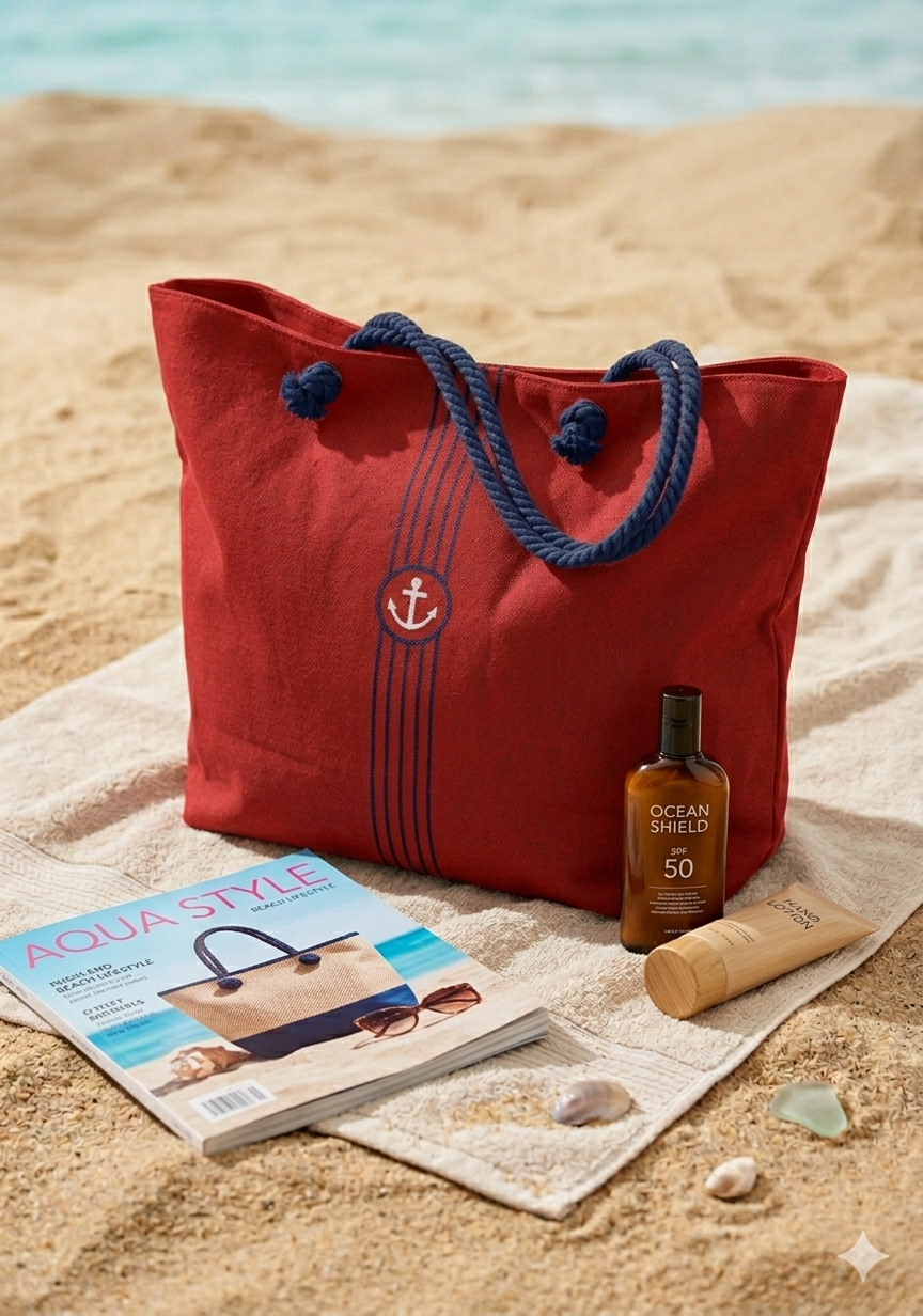 Marin Çapa ve Çizgi Nakışlı Astarlı Geniş Hacimli Kırmızı Kadın Plaj Çantası 