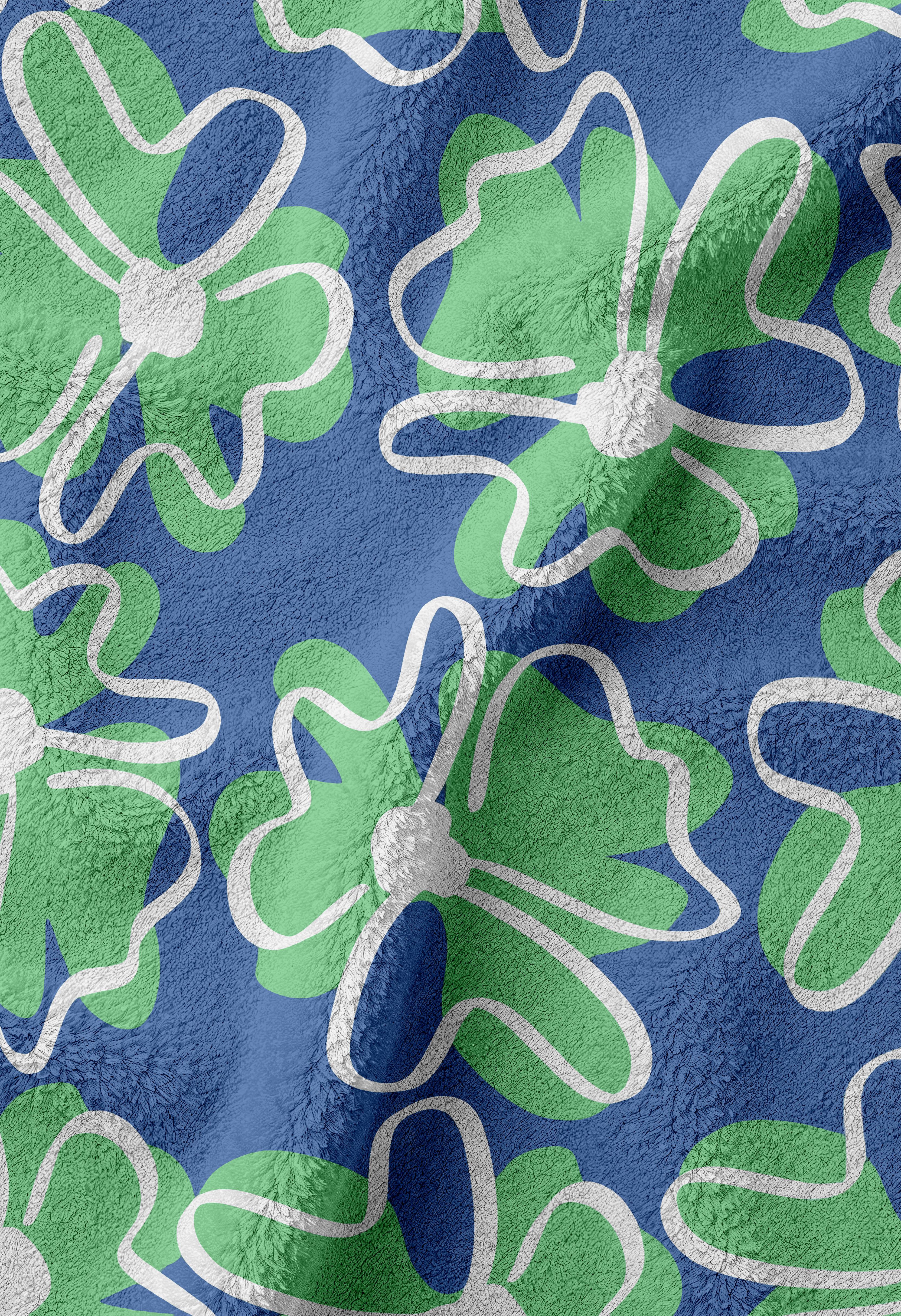 Yeşil Çiçek Desenli Saks Mavi Yüksek Su Emici 70x150cm Plaj Havlusu