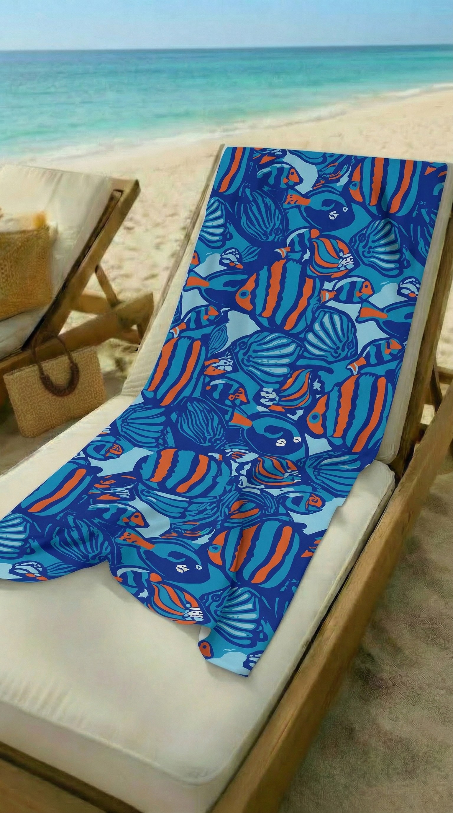 Büyük Balık Desenli Saks Mavi Yüksek Su Emici 70x150cm Plaj Havlusu