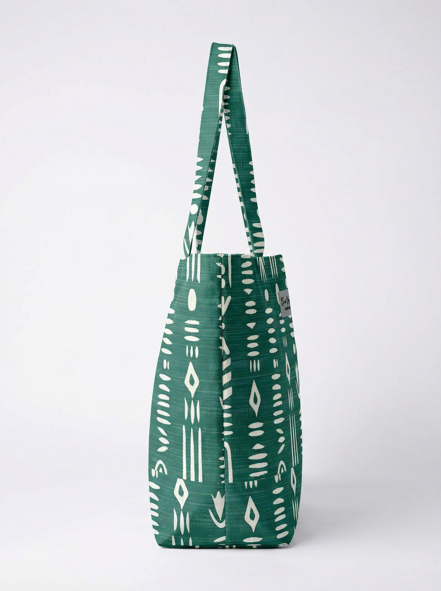 Etnik Desenli Yeşil Parçalı Kendinden Saplı Astarlı Kadın Plaj Çantası