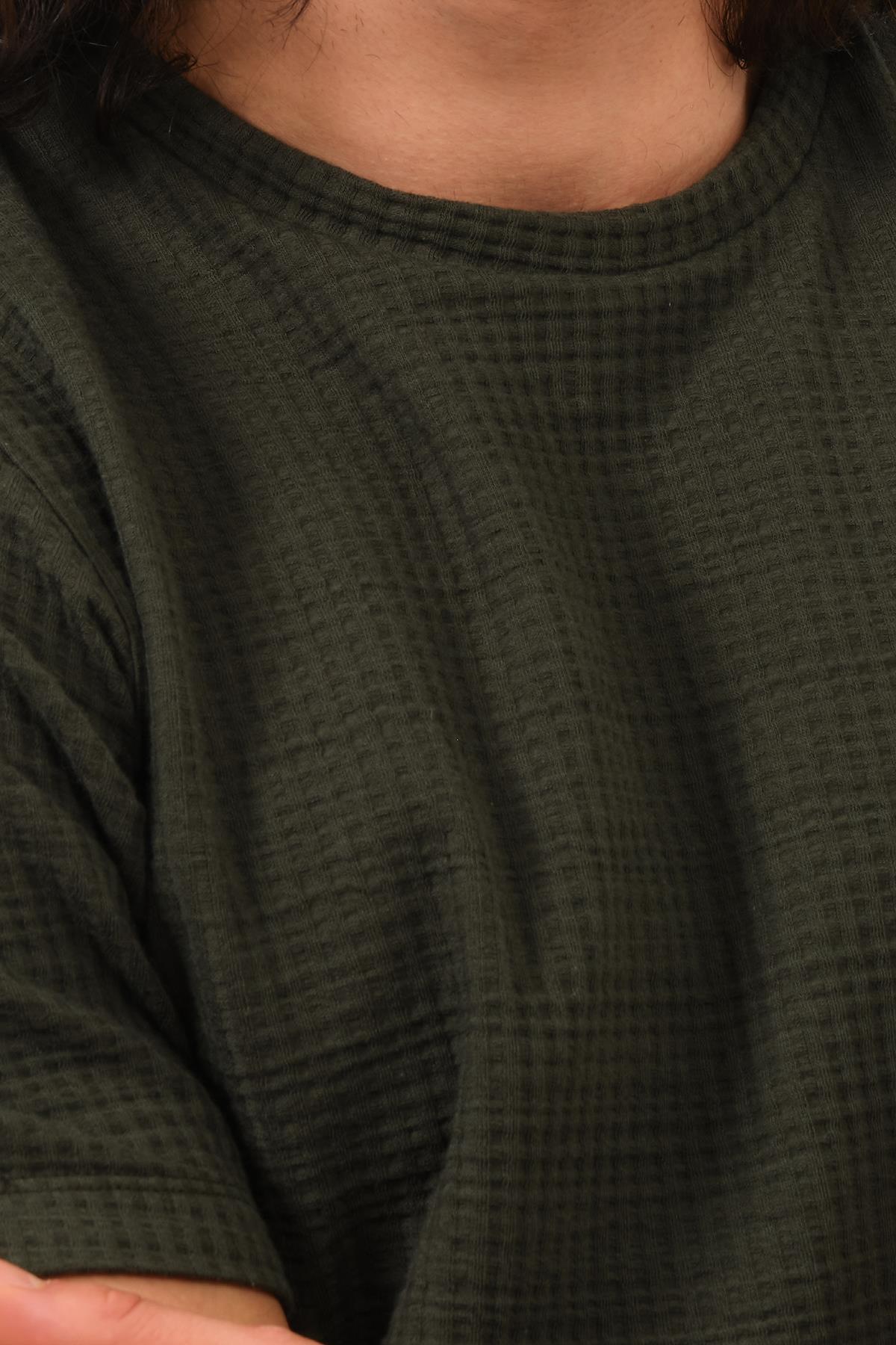 Erkek Haki %100 Pamuk Oversize Bisiklet Yaka Basic Tişört 