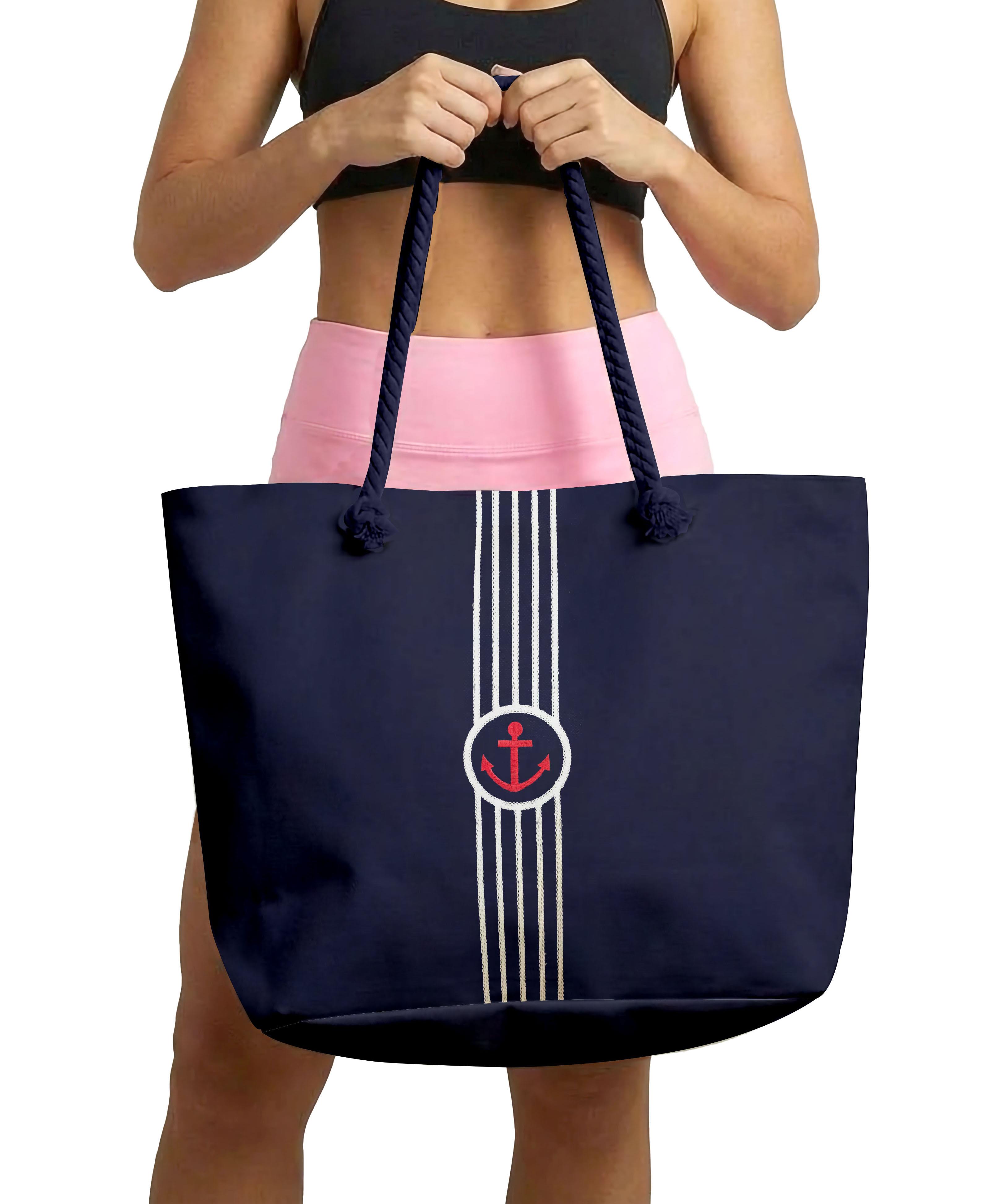 Marin Çapa ve Çizgi Nakışlı Astarlı Geniş Hacimli Lacivert Kadın Plaj Çantası 