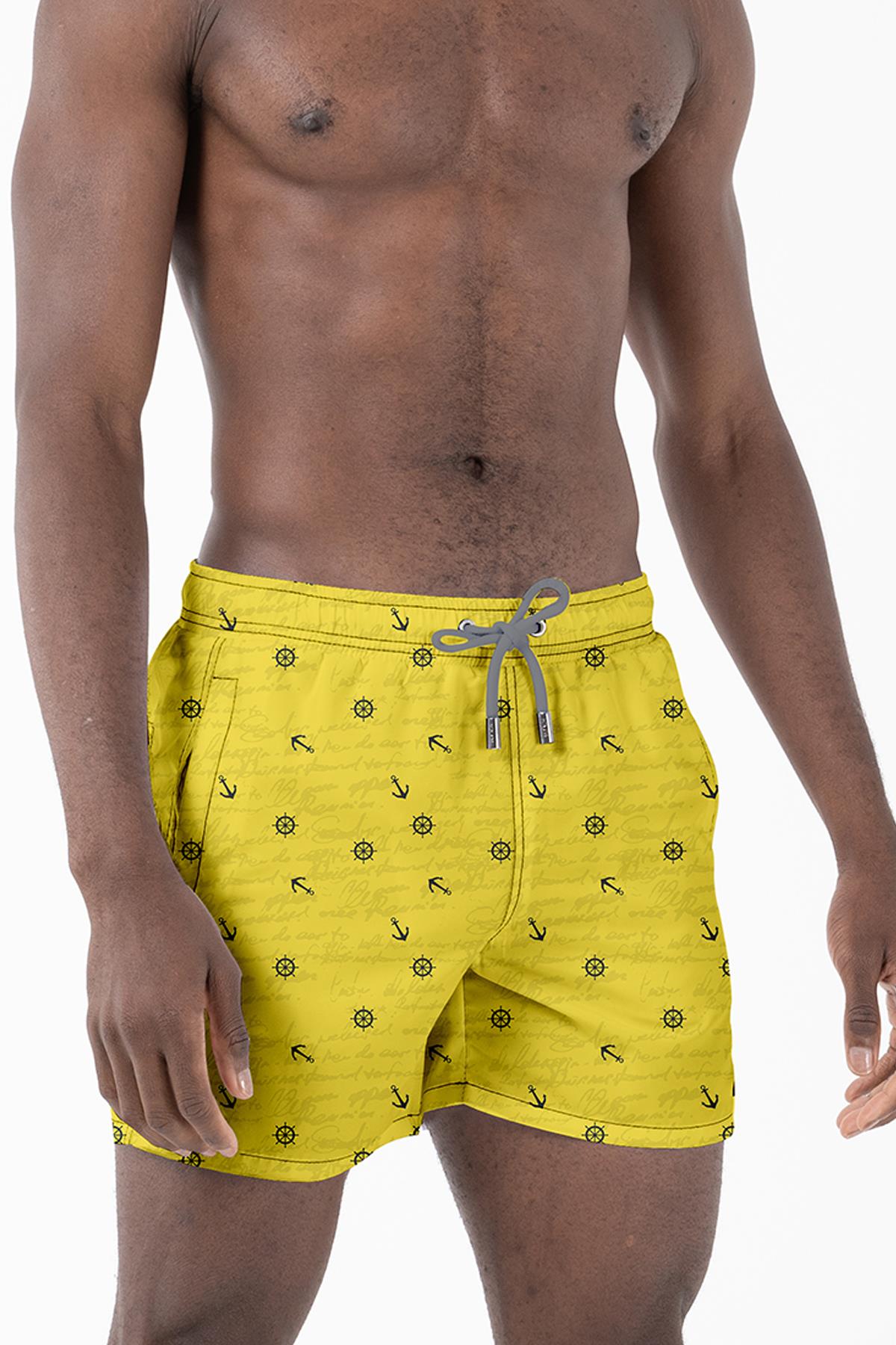 Marin Çapa Desenli Sarı Standart Boy Erkek Mayo Deniz ve Havuz Şortu