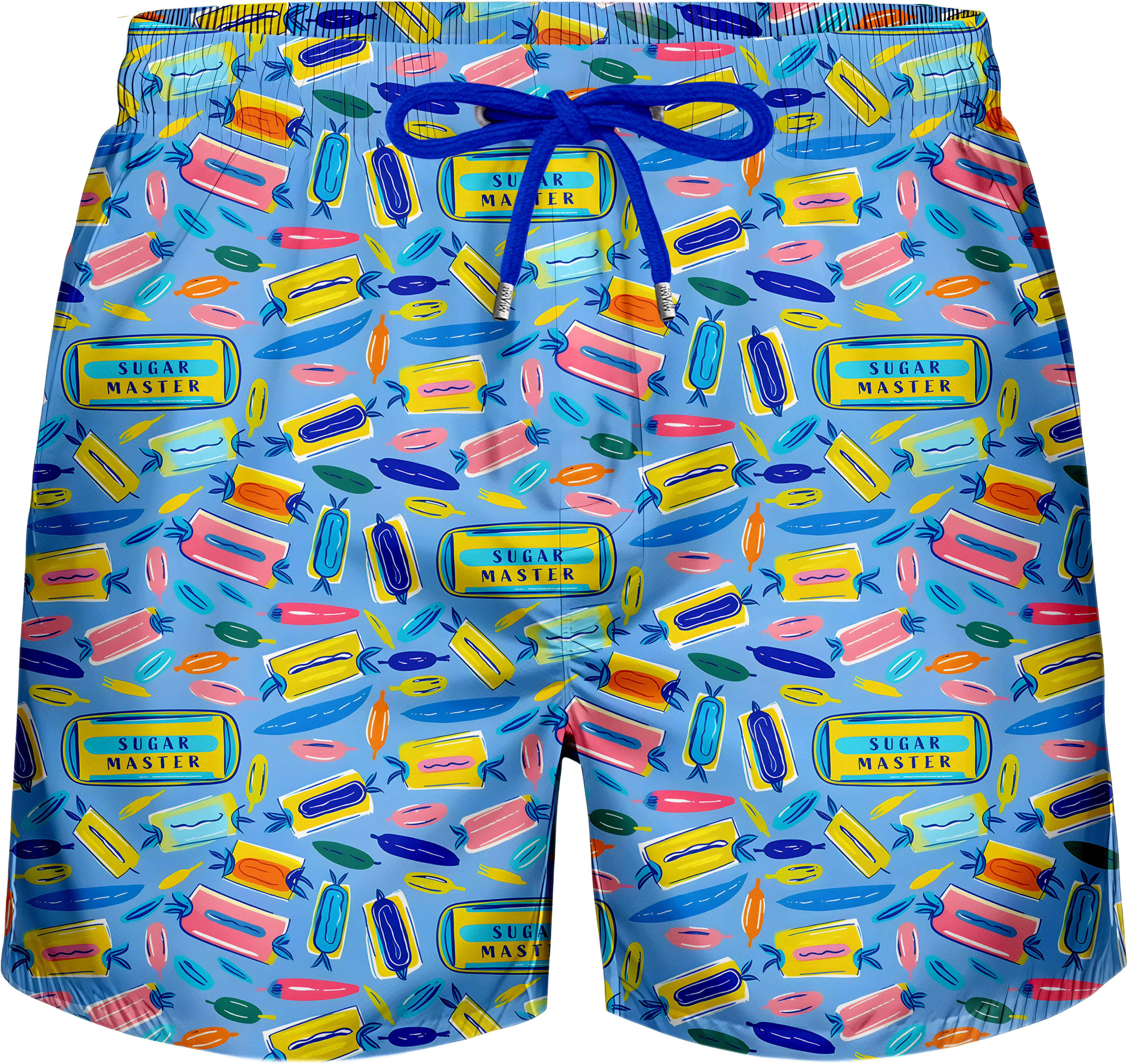 Renkli Şeker Desenli Hızlı Kuruyan Esnek Kumaş Üç Cepli Yumuşak Astarlı Standart Boy Erkek Mayo Deniz Şortu 