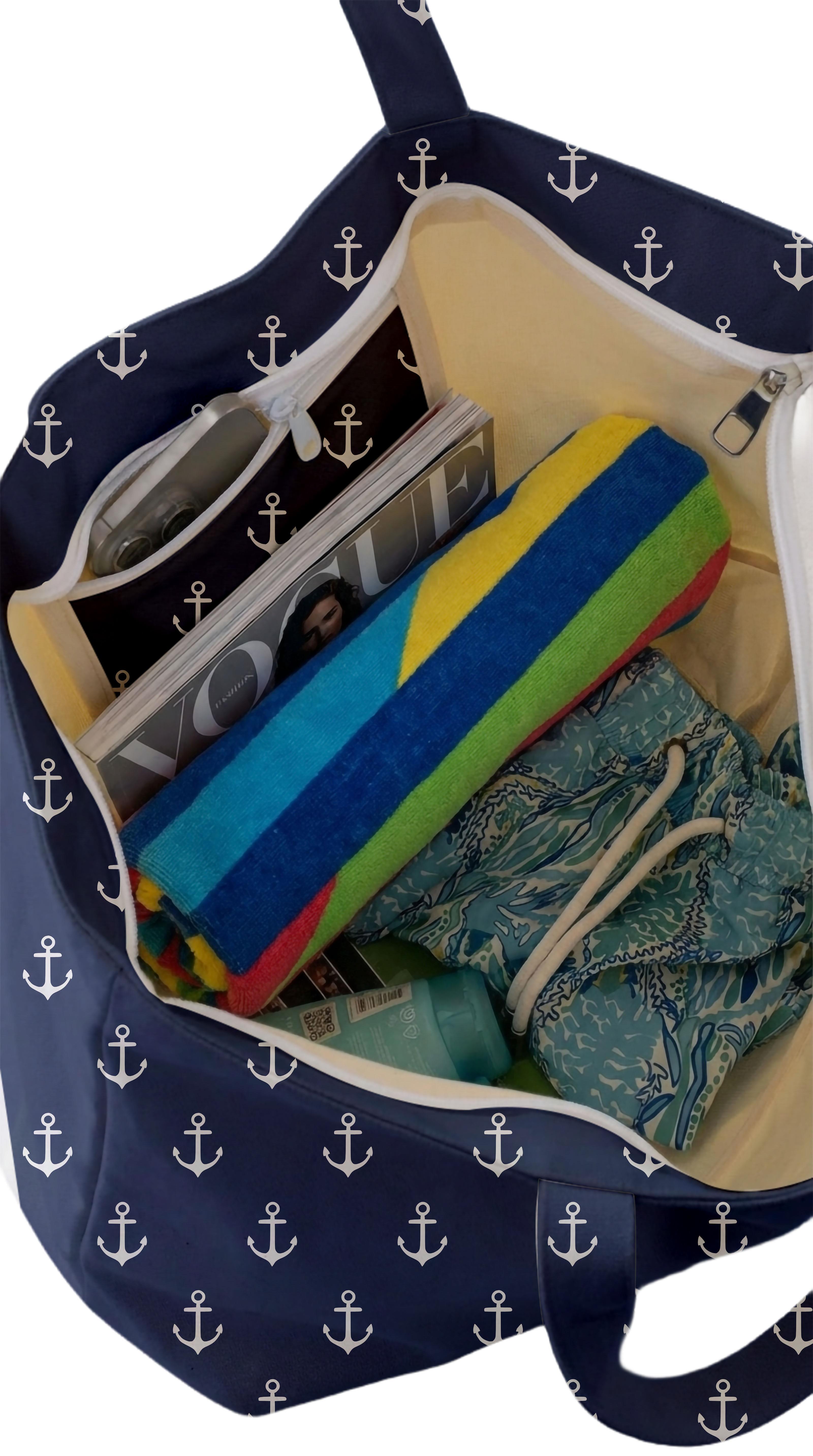 Marin Çapa Desenli Parçalı Kendinden Saplı Astarlı Kadın Plaj Çantası 