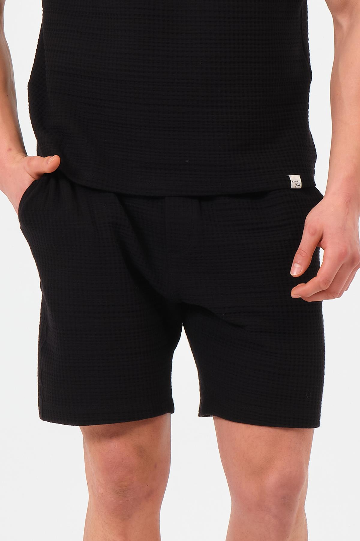 Erkek Siyah  Oversize Cepli Recycle %100 Pamuklu Standart Boy Şort