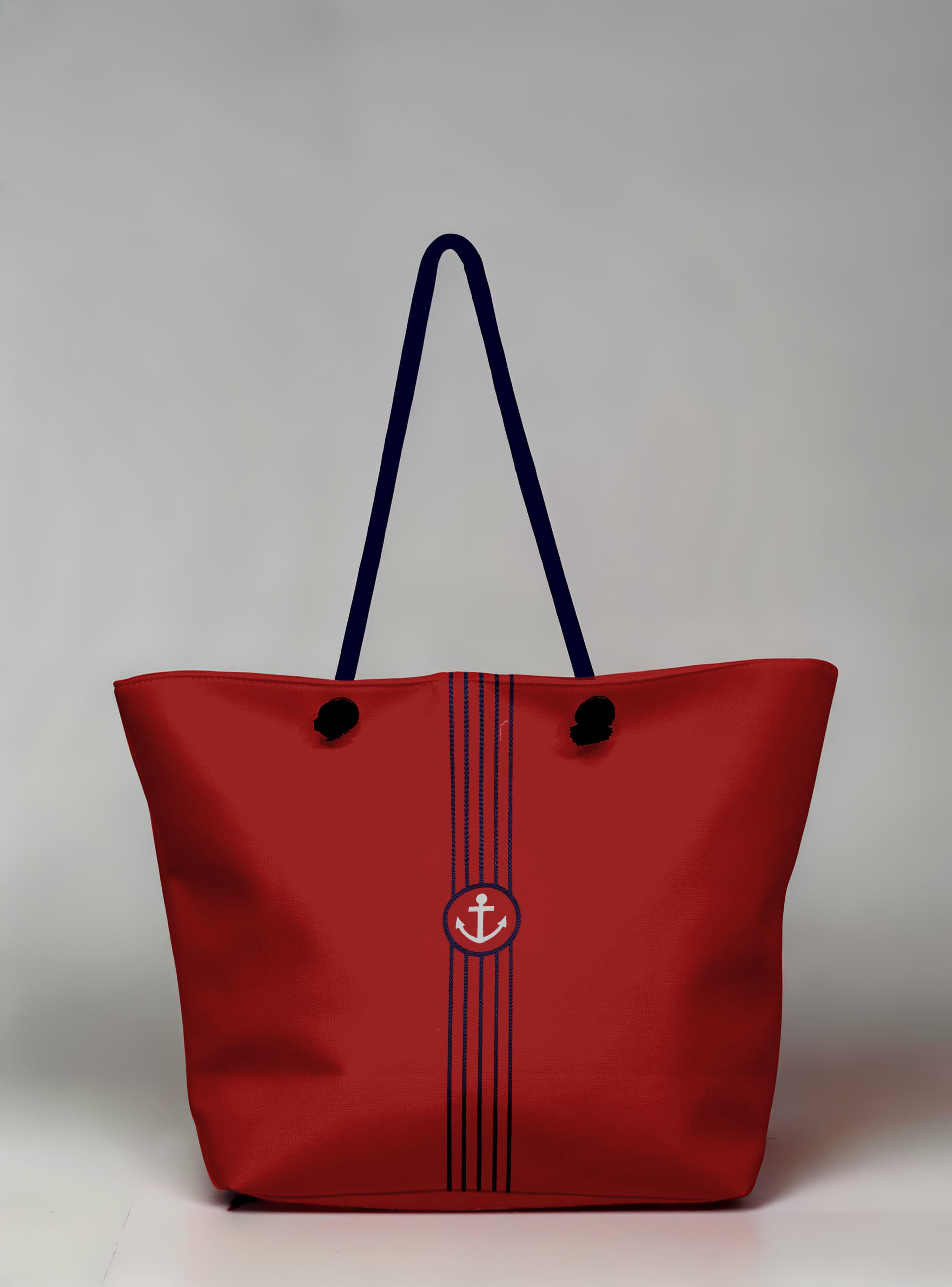 Marin Çapa ve Çizgi Nakışlı Astarlı Geniş Hacimli Kırmızı Kadın Plaj Çantası 