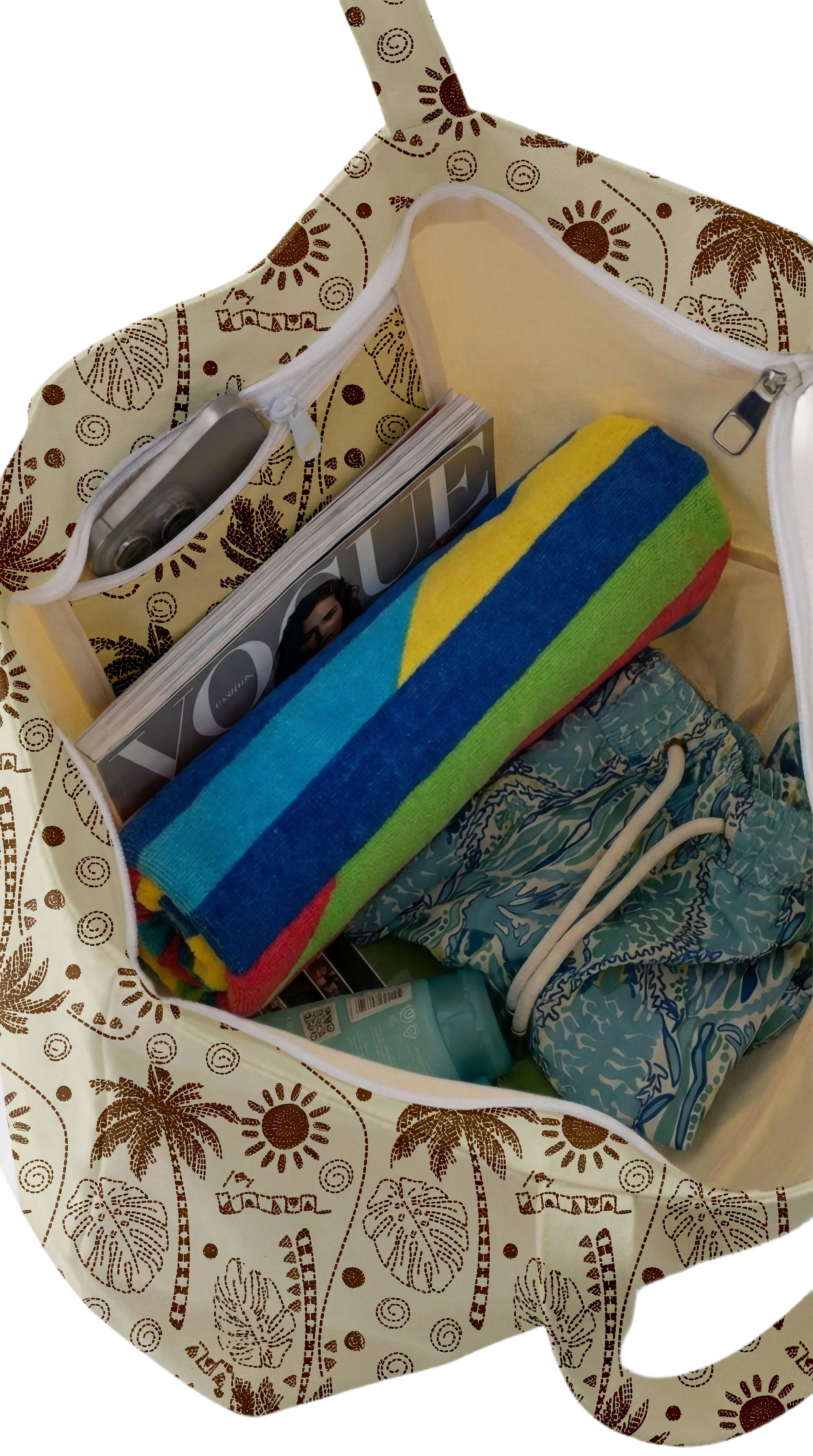 Palmiye Desenli Krem Rengi Parçalı Kendinden Saplı Astarlı Kadın Plaj Çantası 