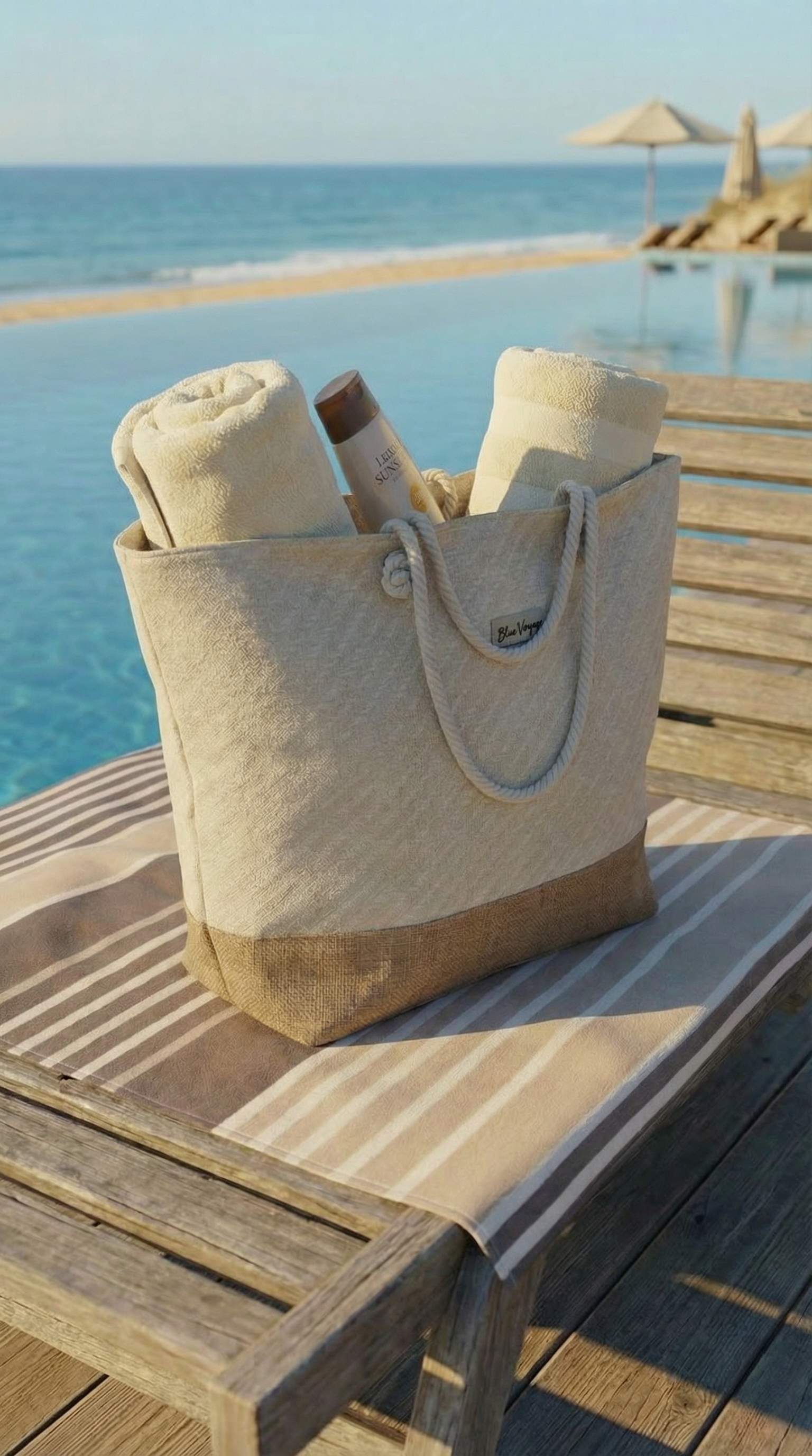 Keten Dokulu Jüt Parçalı Krem Rengi Astarlı Geniş Hacimli Kadın Plaj Çantası