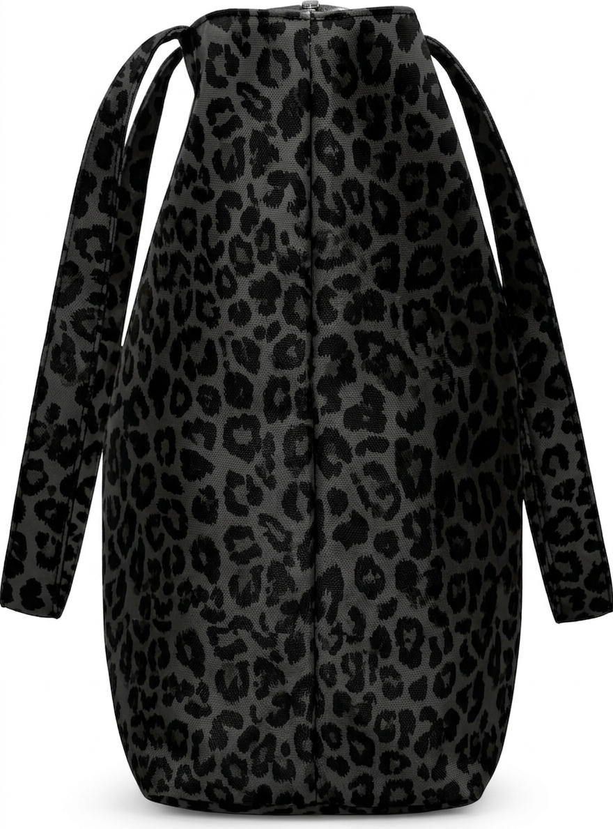 Leopar Desenli Siyah Parçalı Kendinden Saplı Astarlı Kadın Plaj Çantası 
