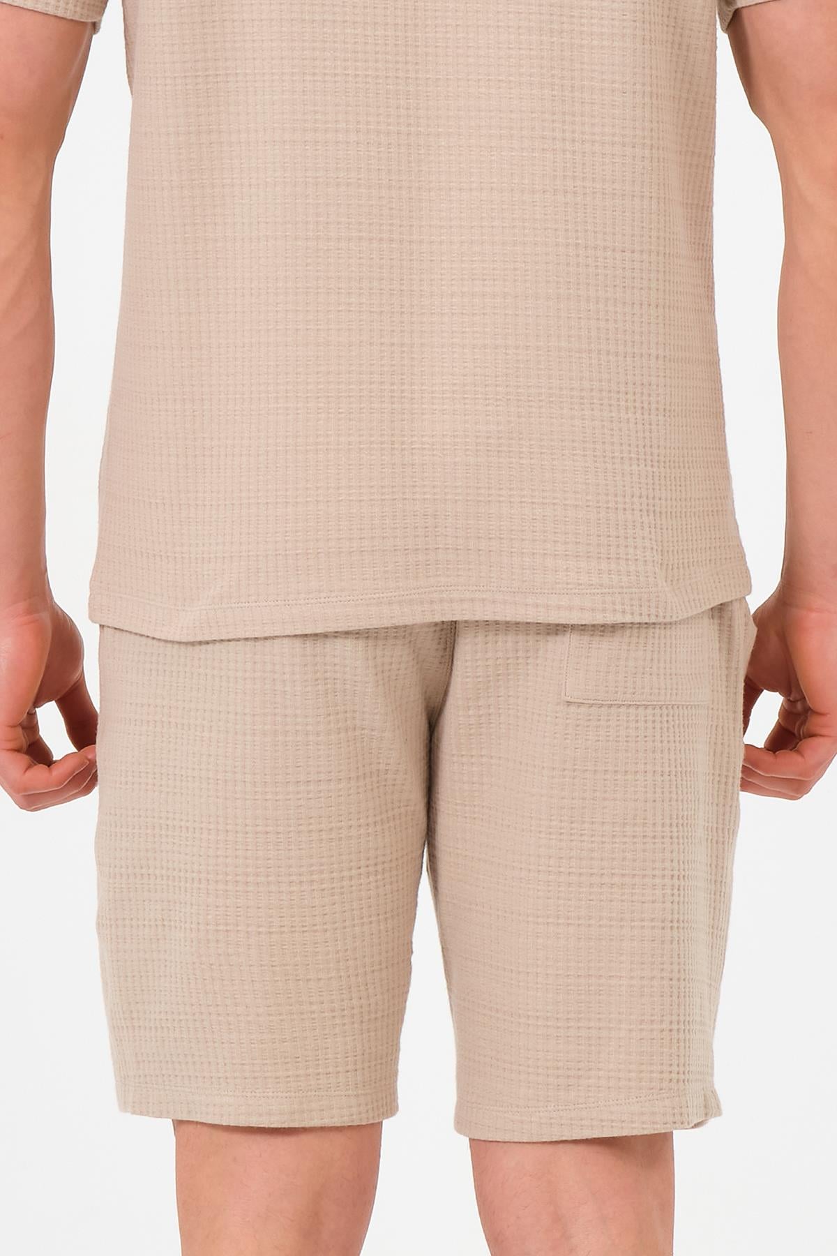 Erkek Bej Oversize Cepli Recycle %100 Pamuklu Standart Boy Şort