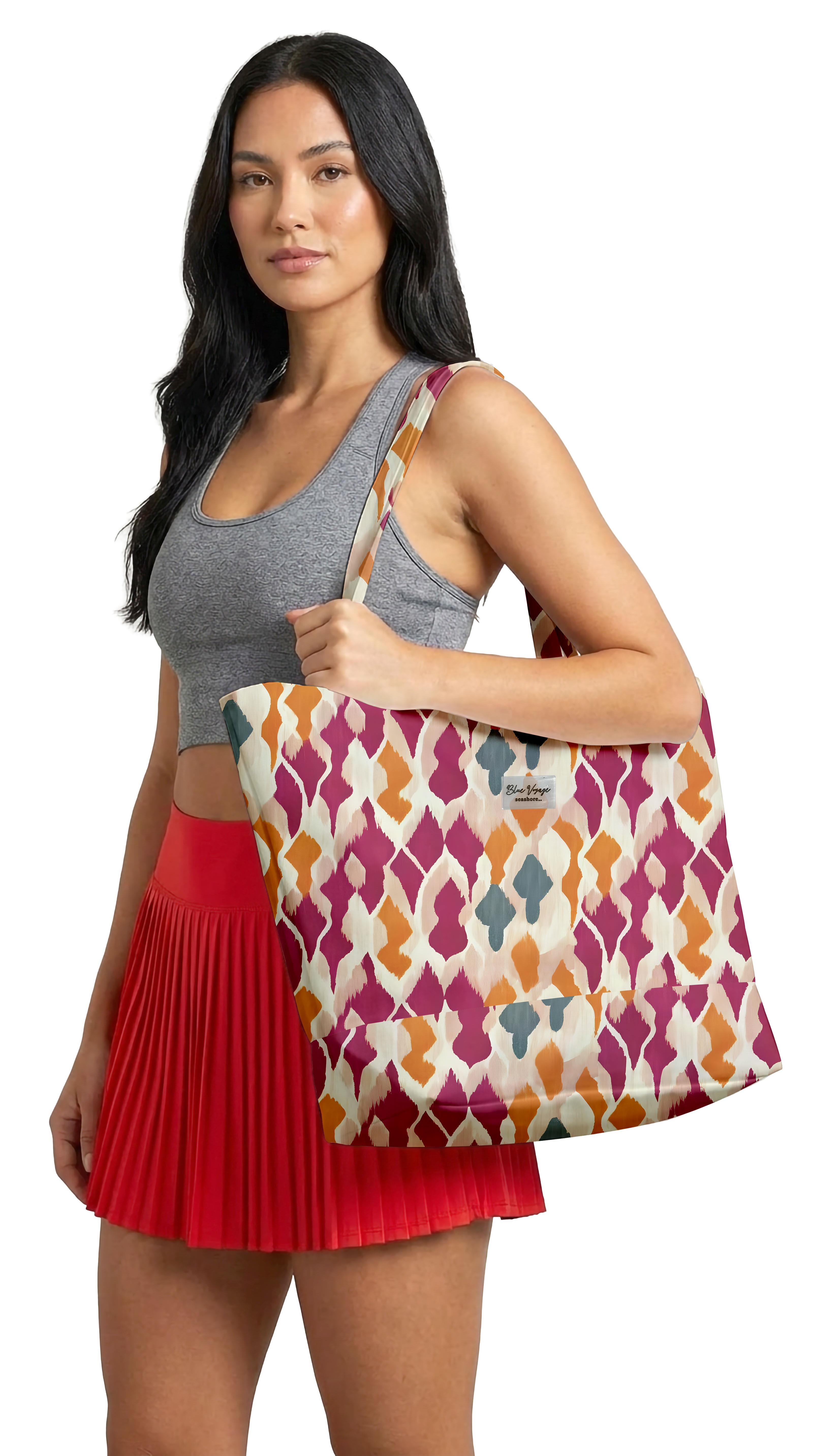 Batik Desenli Renkli Parçalı Kendinden Saplı Astarlı Kadın Plaj Çantası 