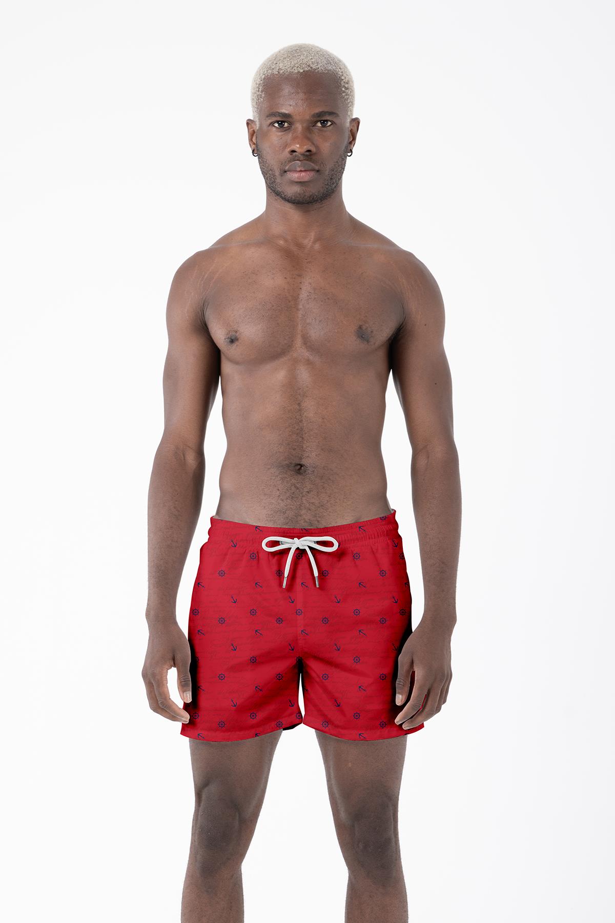 Marin Çapa Desenli Kırmızı Standart Boy Erkek Mayo Deniz ve Havuz Şortu