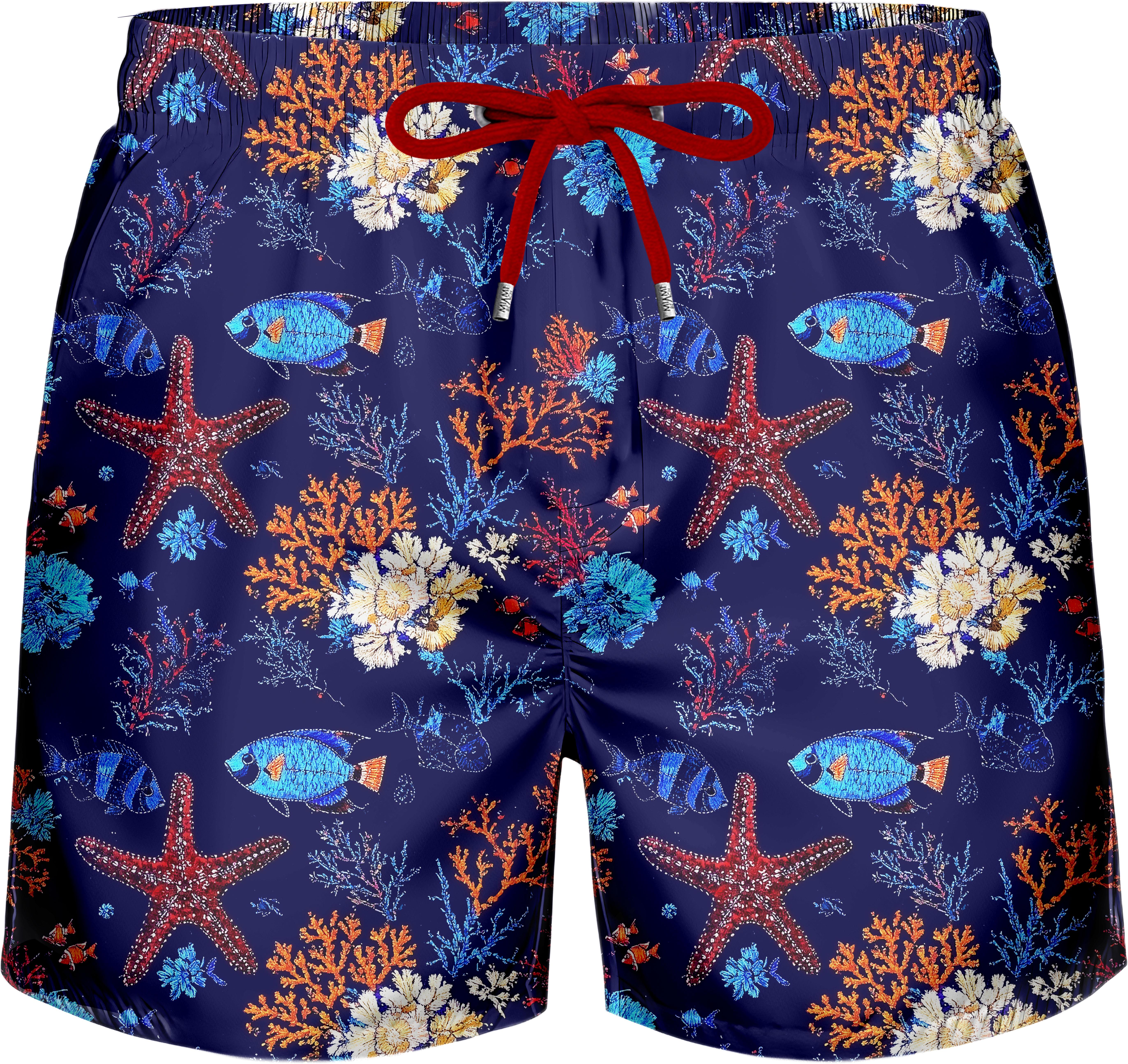 Deniz Altı Desenli Lacivert Hızlı Kuruyan Esnek Kumaş Üç Cepli Yumuşak Astarlı Standart Boy Erkek Mayo Deniz Şortu 