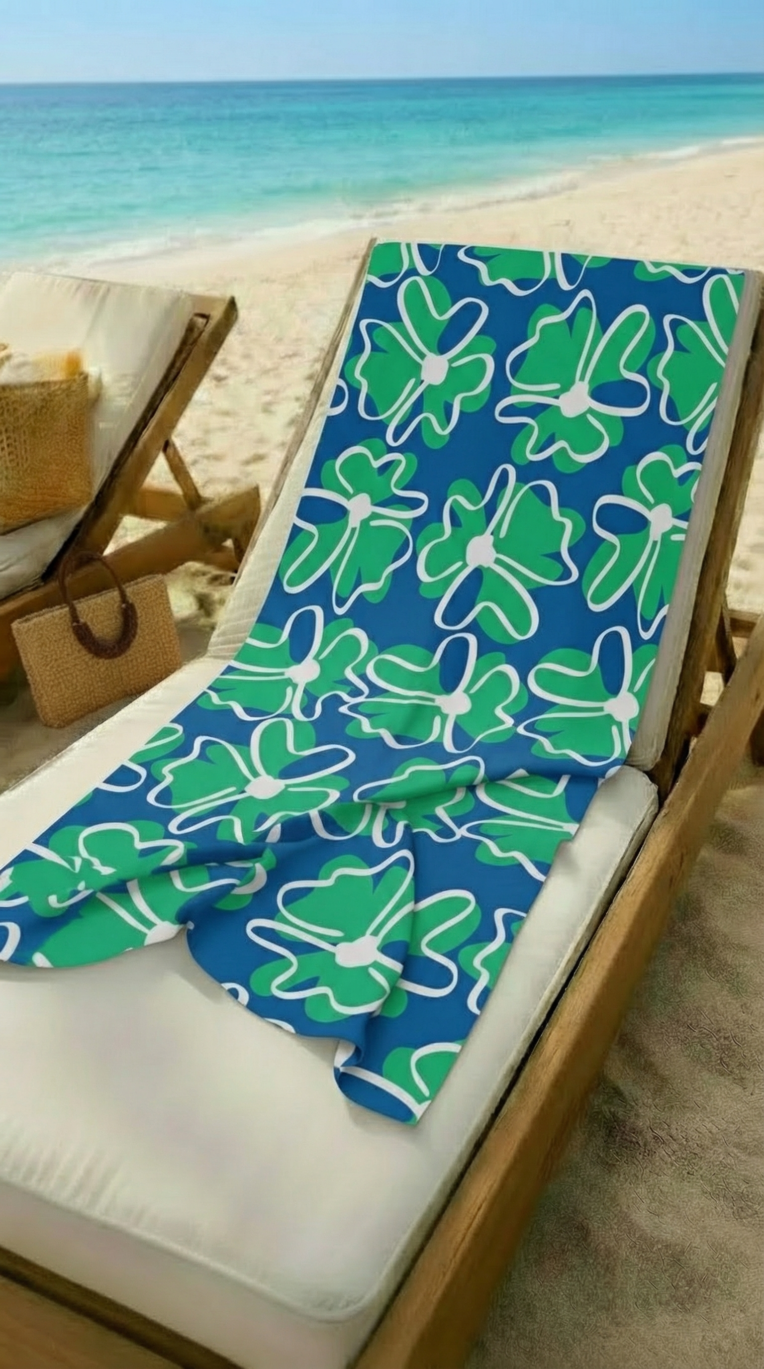 Yeşil Çiçek Desenli Saks Mavi Yüksek Su Emici 70x150cm Plaj Havlusu