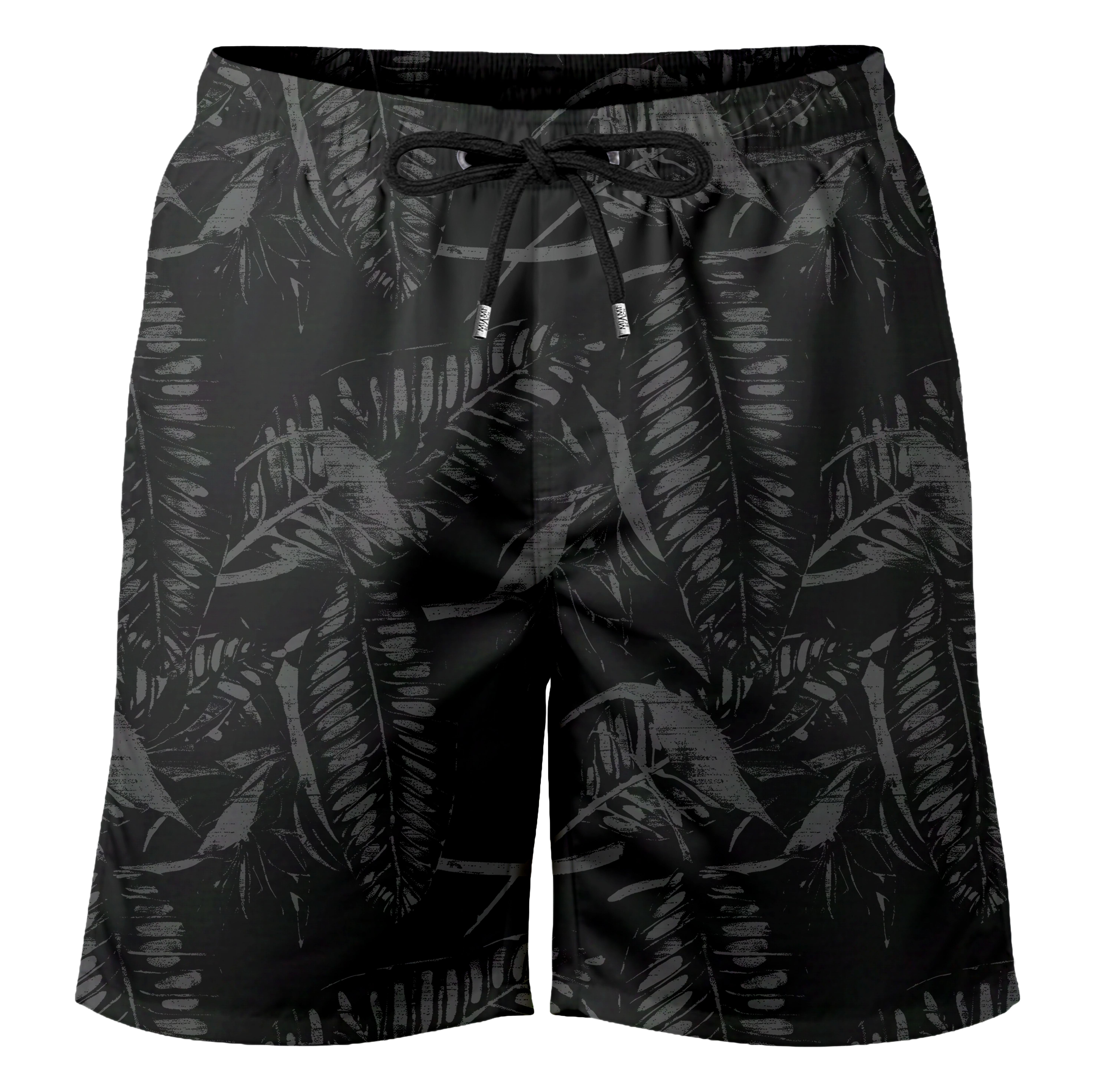 Siyah Yaprak Desenli Hızlı Kuruyan Esnek Kumaş İki Cepli Yumuşak Astarlı Uzun Boy Erkek Mayo Deniz Şortu 