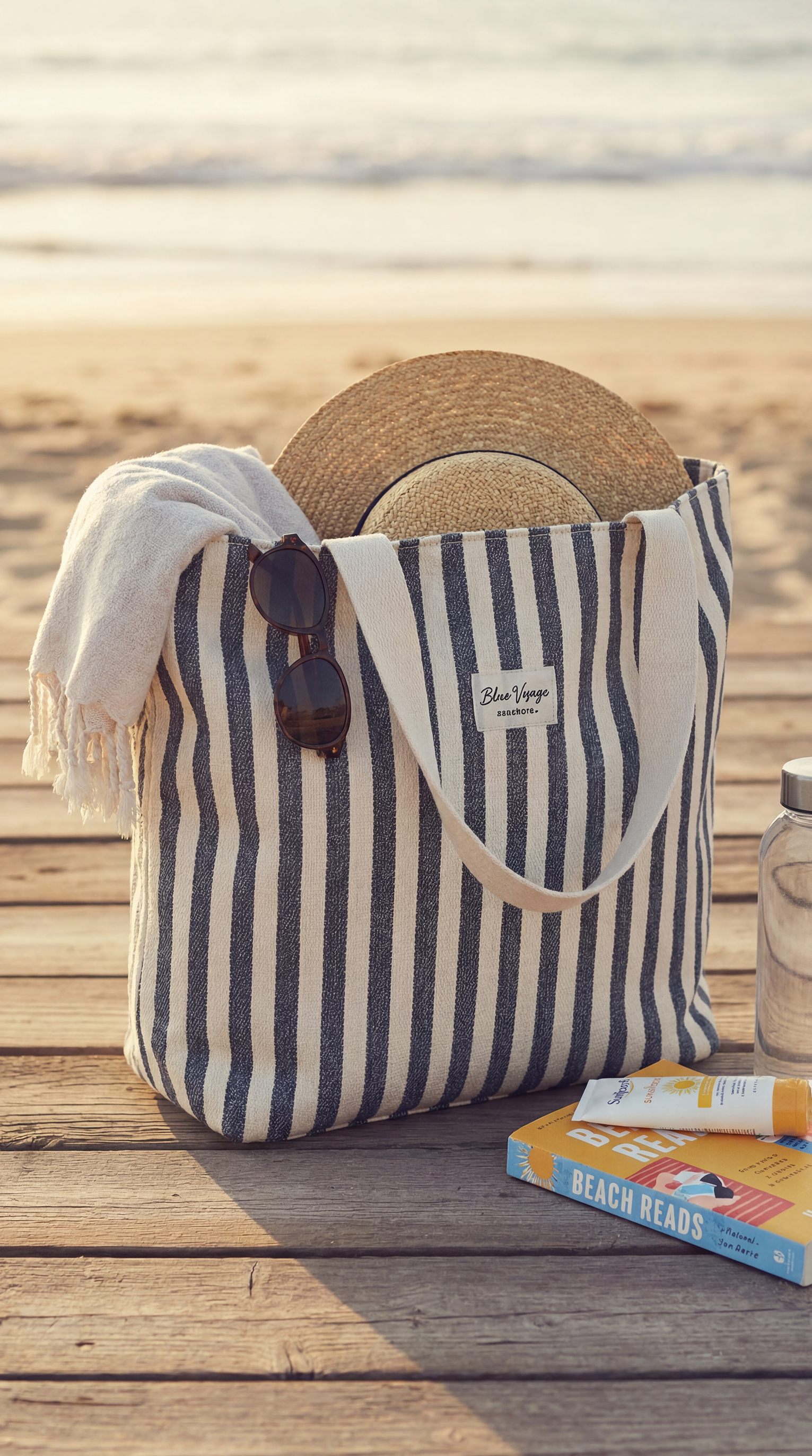 Lacivert Çizgili Pamuklu Plaj Çantası