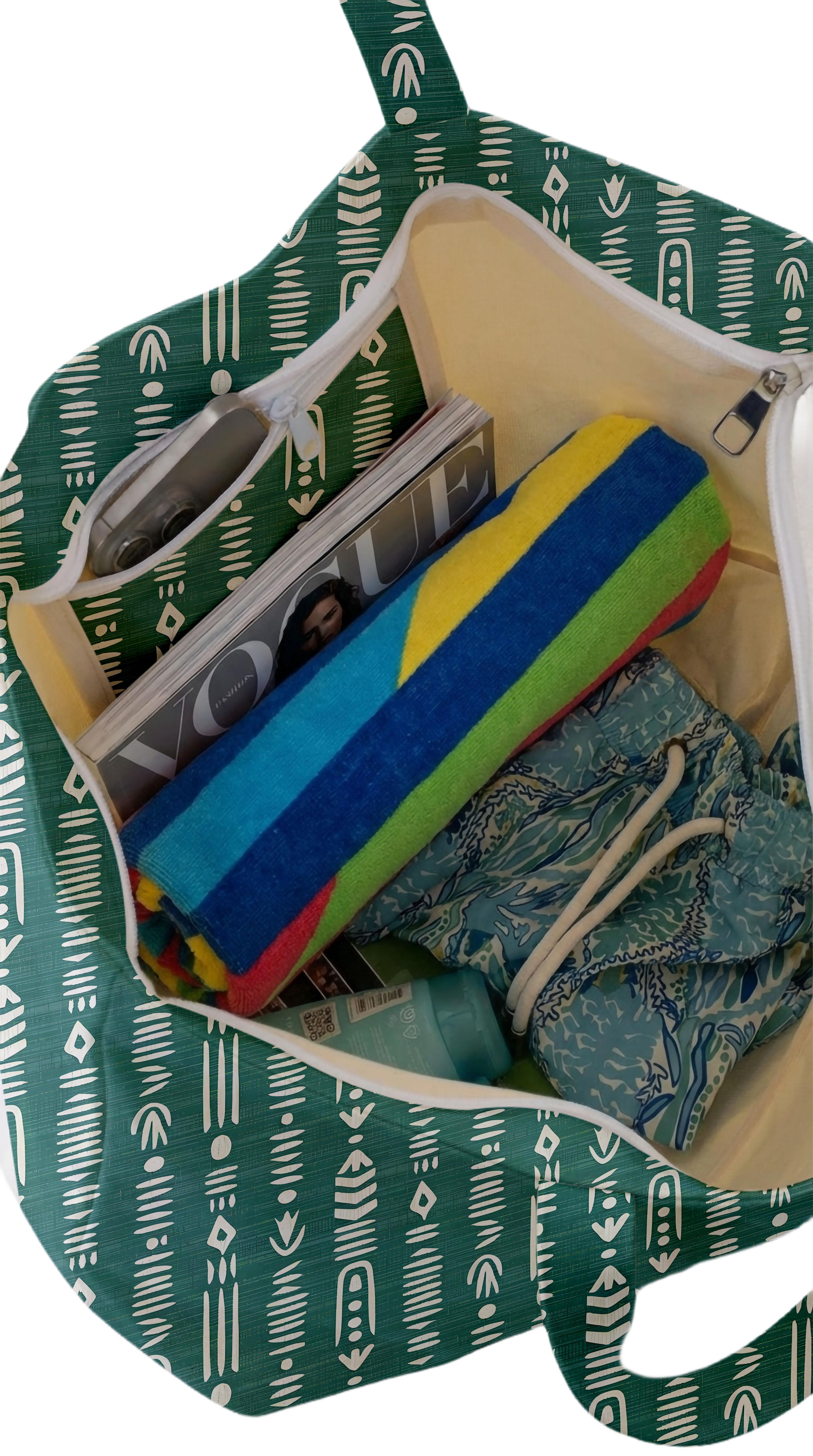 Etnik Desenli Yeşil Parçalı Kendinden Saplı Astarlı Kadın Plaj Çantası