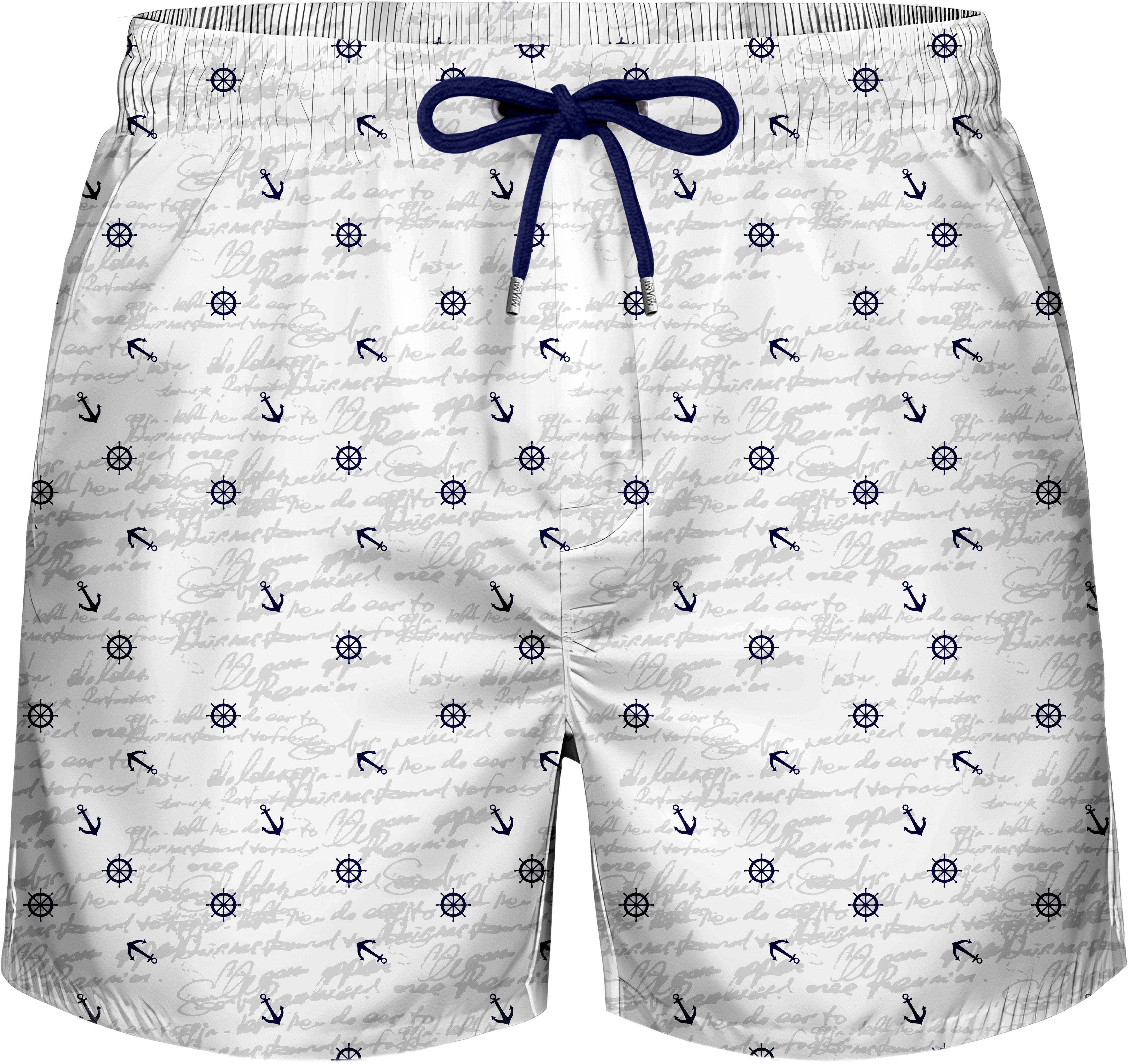 Marin Çapa Desenli Beyaz Standart Boy Erkek Mayo Deniz ve Havuz Şortu