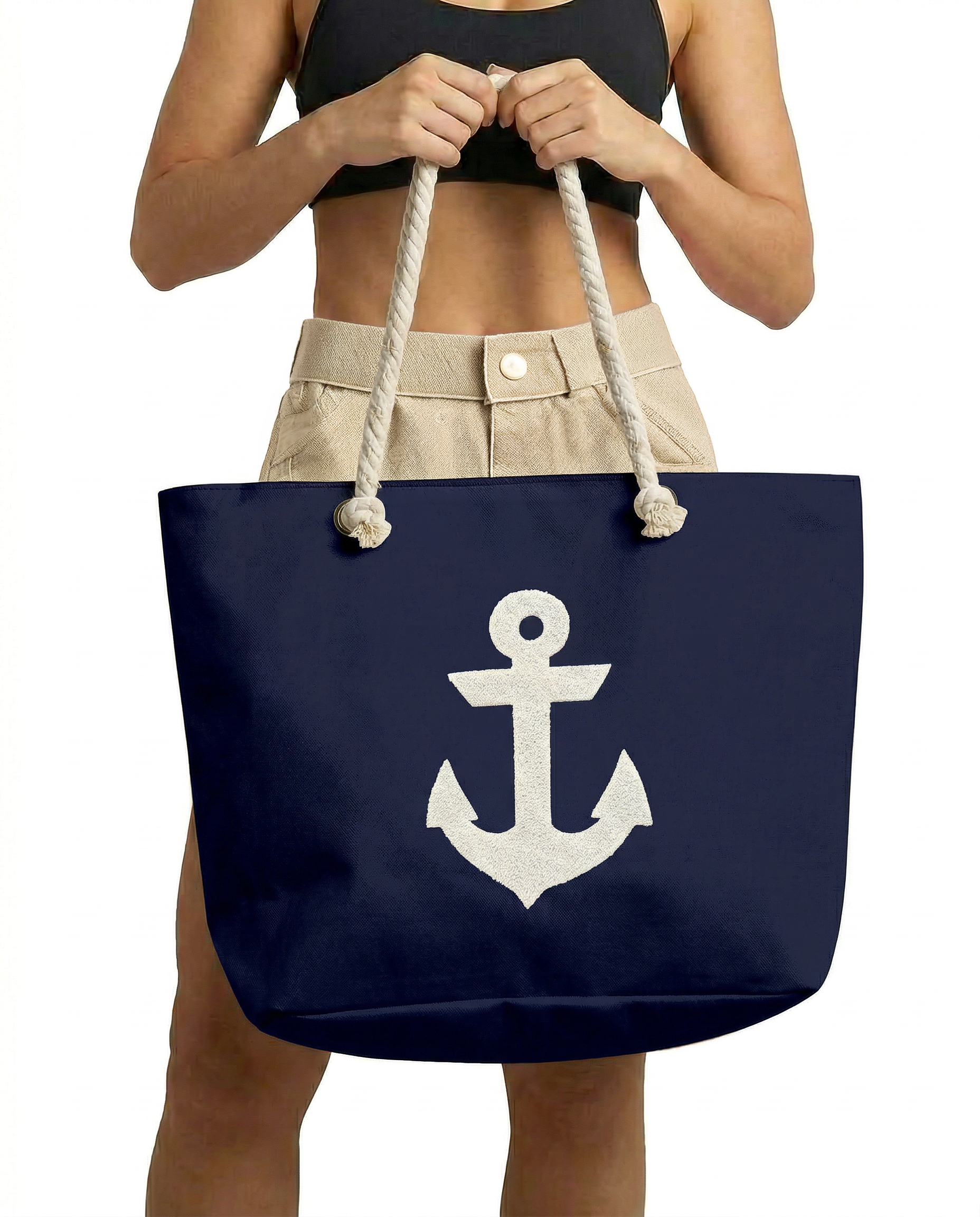 Marin Çapa Nakışlı Lacivert Astralı Geniş Hacimli Kadın Plaj Çantası 