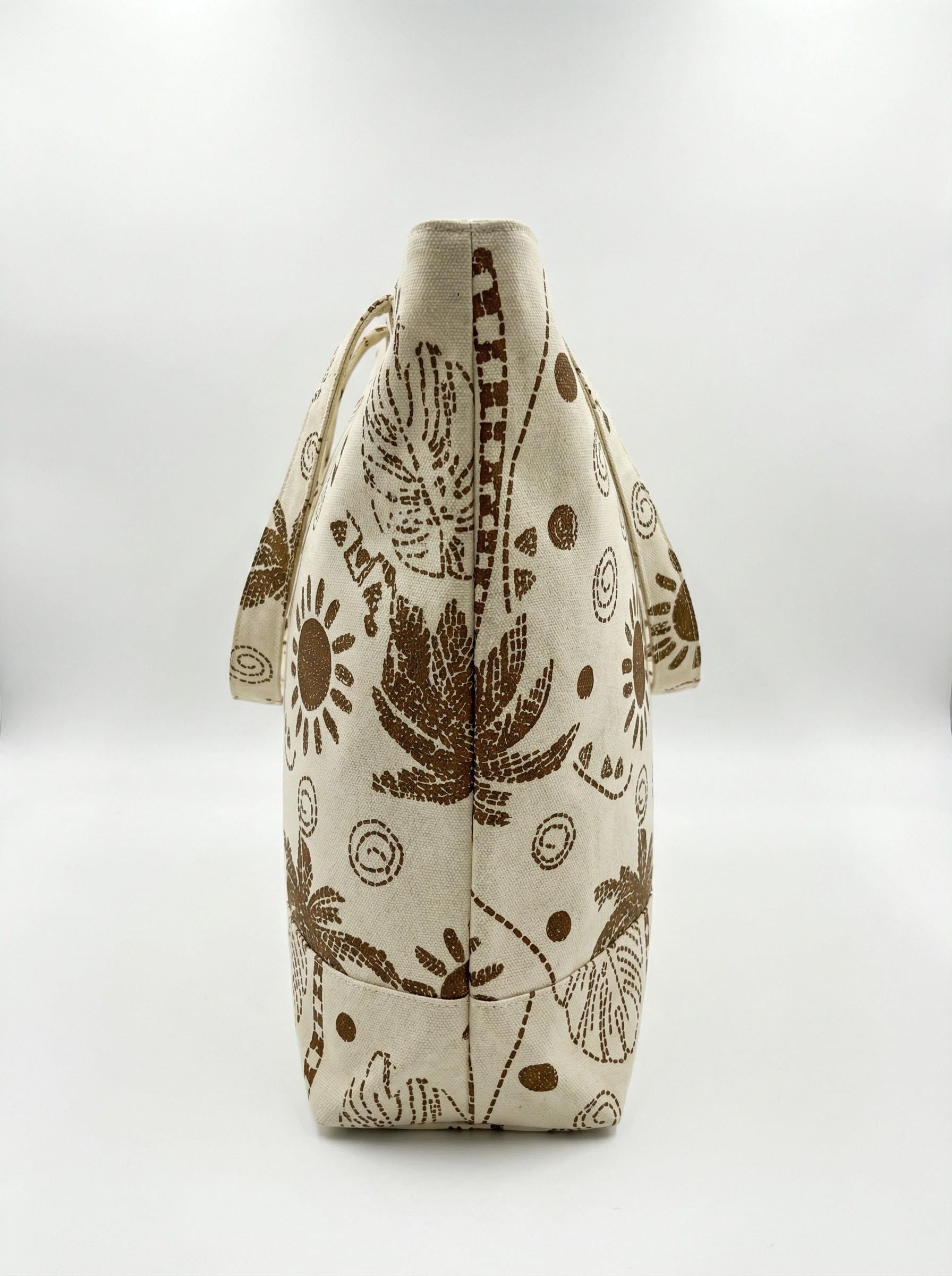 Palmiye Desenli Krem Rengi Parçalı Kendinden Saplı Astarlı Kadın Plaj Çantası 