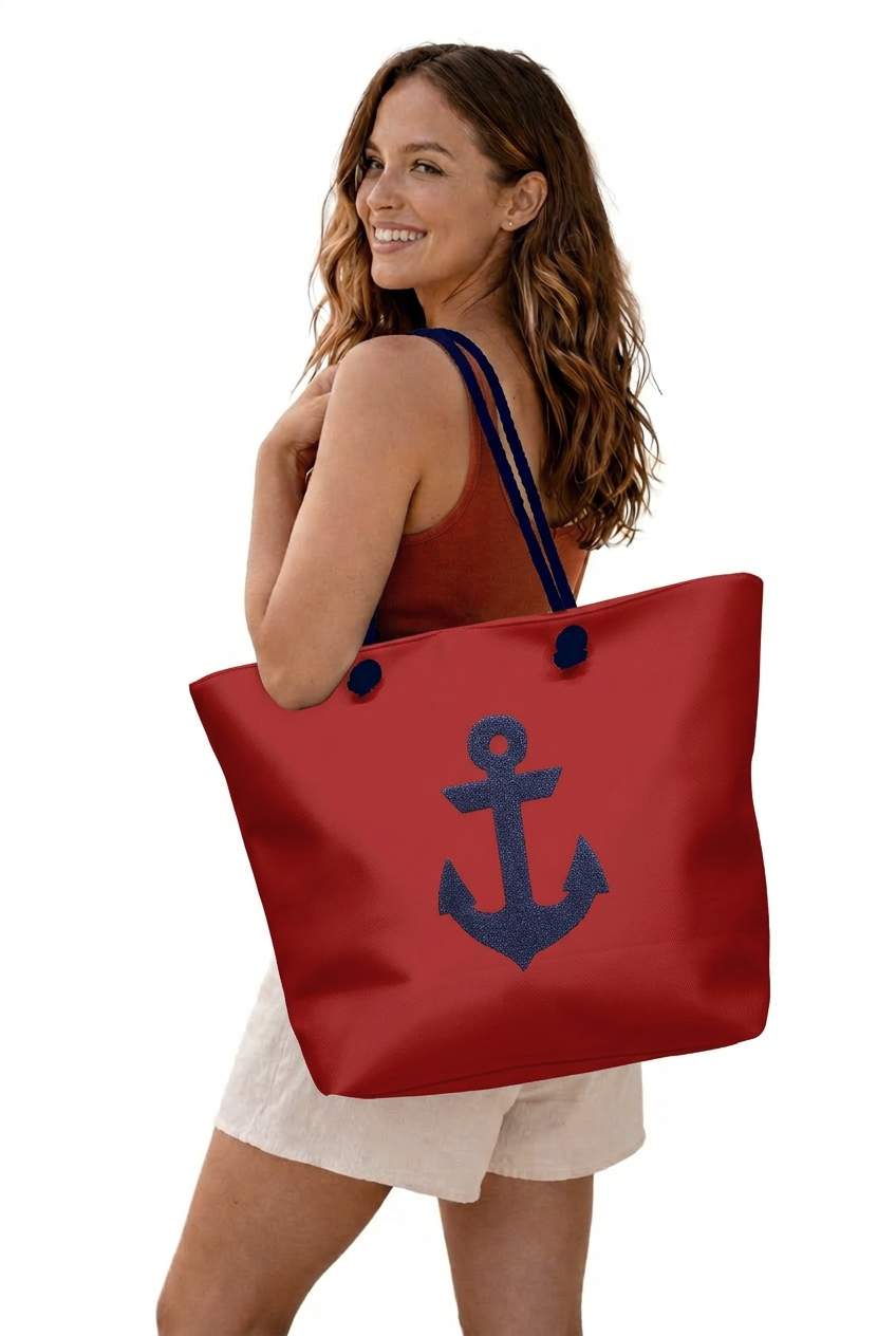 Marin Çapa Nakışlı Kırmızı Astralı Geniş Hacimli Kadın Plaj Çantası 