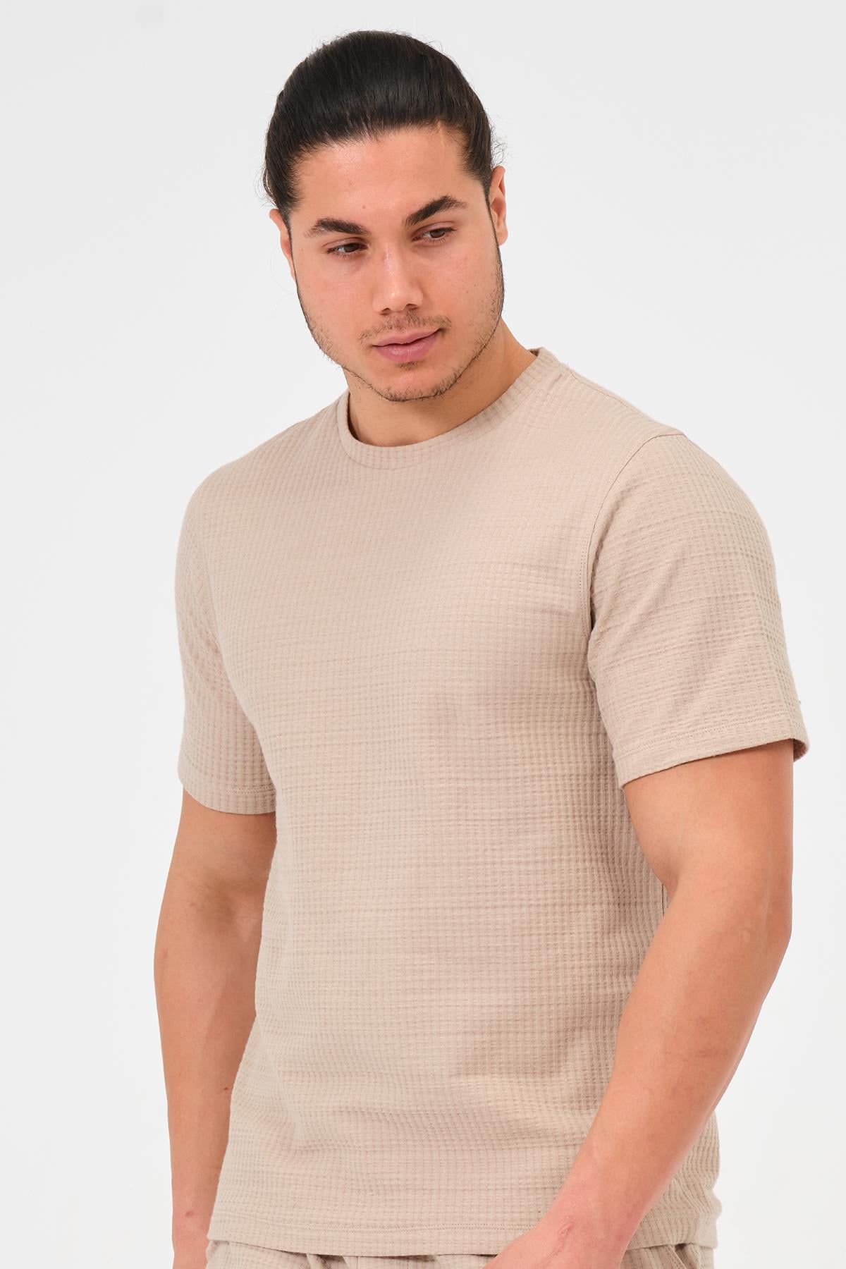 Erkek Bej %100 Pamuk Oversize Bisiklet Yaka Basic Tişört 