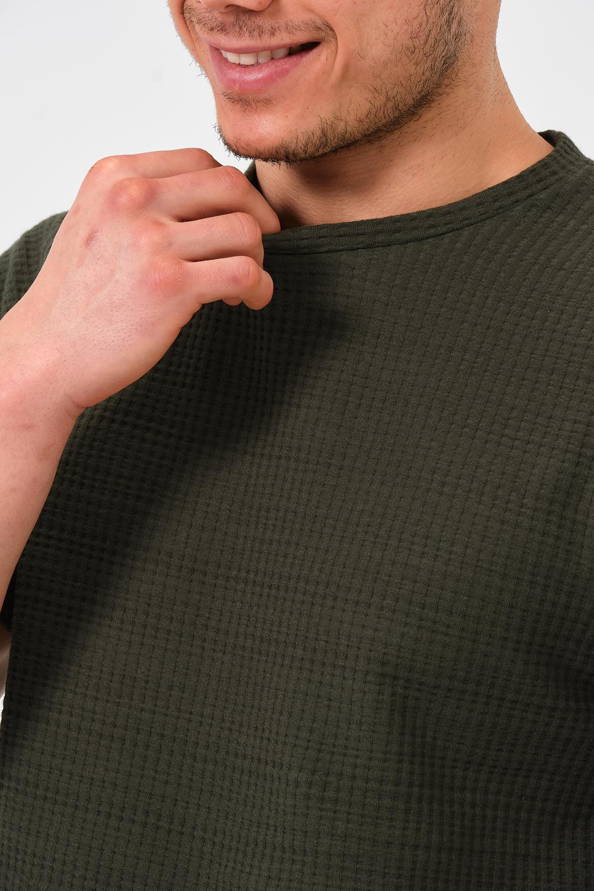 Erkek Haki %100 Pamuk Oversize Bisiklet Yaka Basic Tişört 